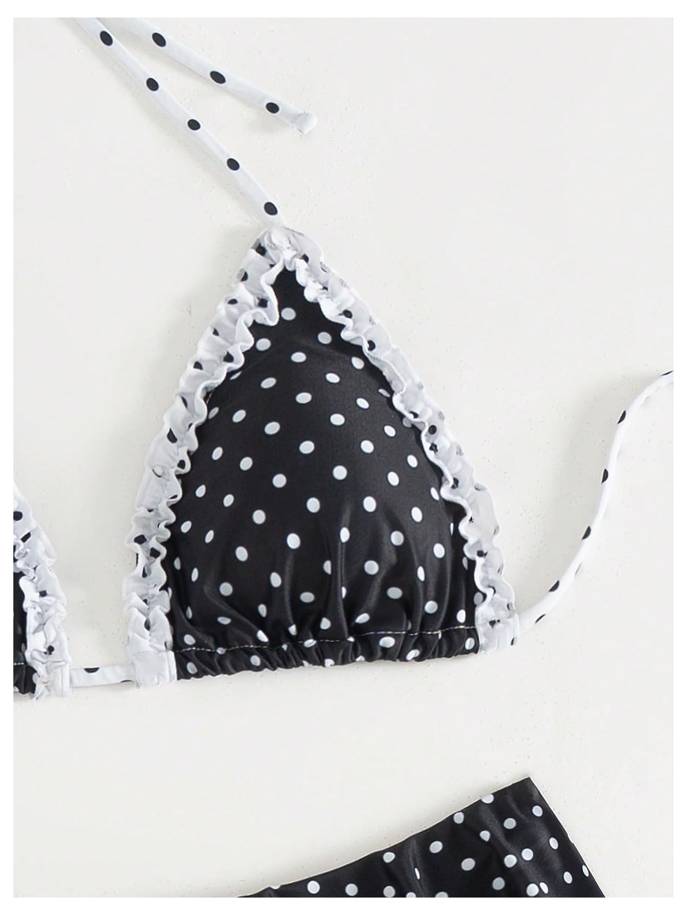 WDIRARA Women's Polka Dots Bikini Sets Ruffle Triangle 2 Piece Swimsuit Tie Backless Bathing Suit Black and White Large
