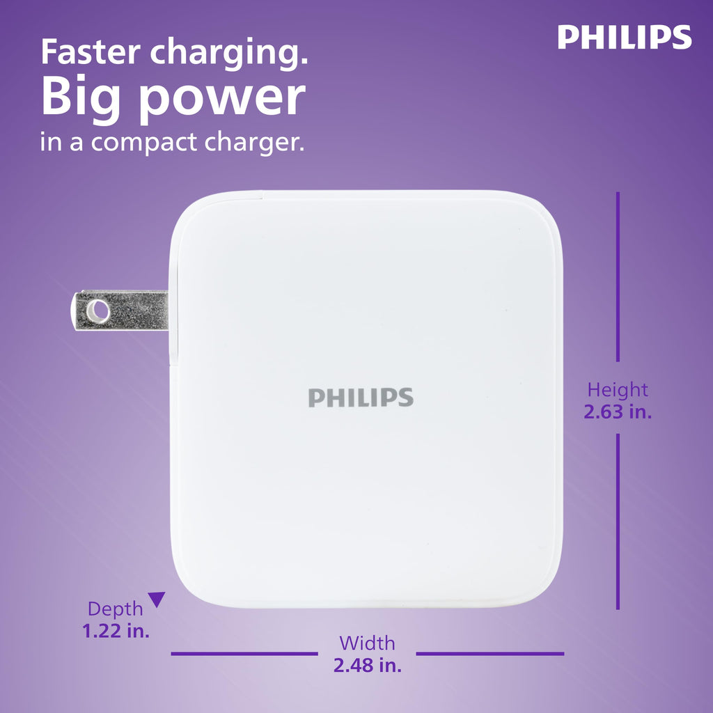 Philips USB C Fast Charger, 100W, 4-Ports, 3 USB-C, 1 USB-A, Foldable Plug