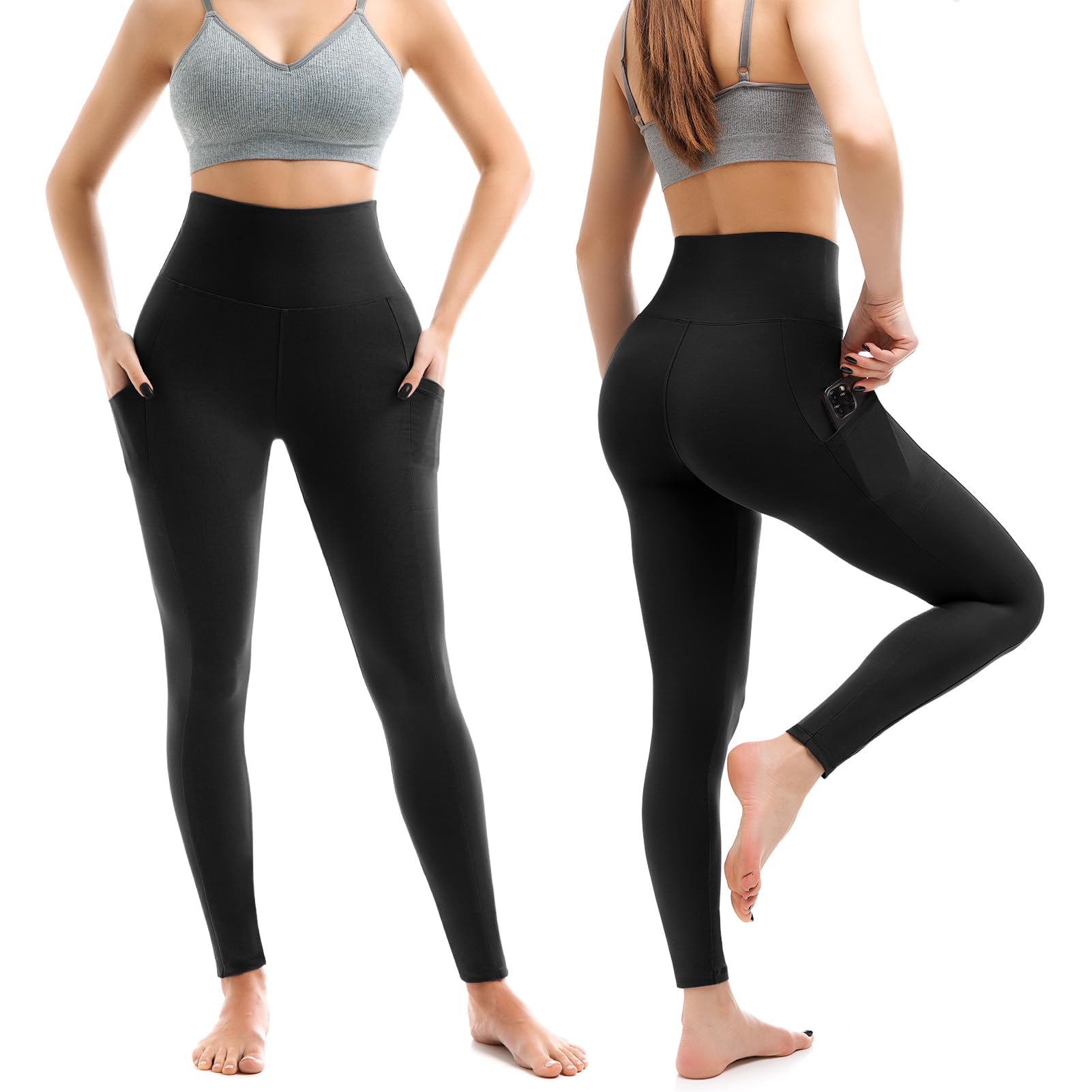 Leafigure 2 Pack Leggings with Pockets for Women, High Waisted Soft Leggings for Yoga Gym Black LXL