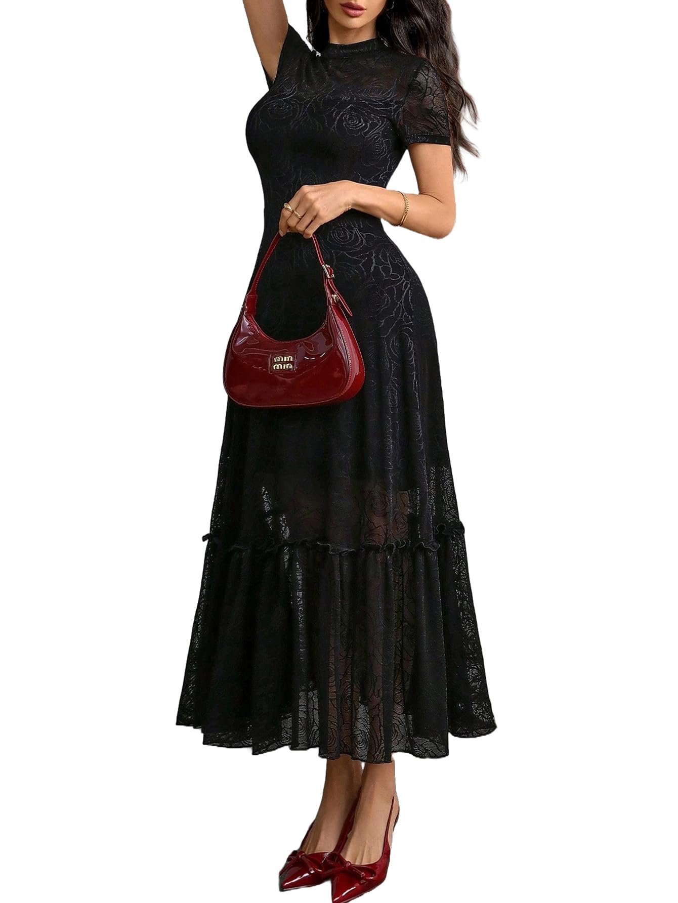 GothDark Womens Elegant Vintage Floral Lace Dress Short Sleeve Double Layer Gothic Midi Wedding Guest Cocktail Dresses Black