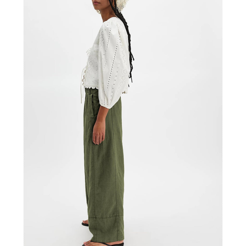 SeeLuNa Linen Pants for Women Cotton Baggy Boho Casual Palazzo Pants Wide Leg Long Lounge Trousers with Pockets(Army-Green,S)