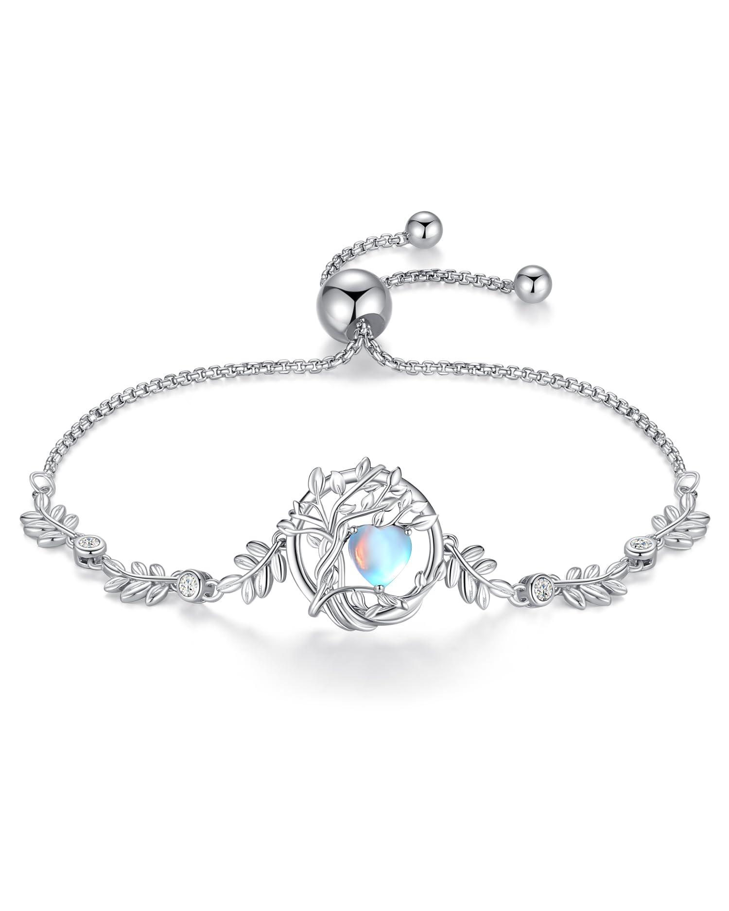 FANCIME Tree of life June Birthstone Bracelet for women Sterling Silver Tree Jewelry Moonstone Charm Bracelet Rainbow Gemstone Anniversary Birthday Christmas Gifts for Wife Mom Her