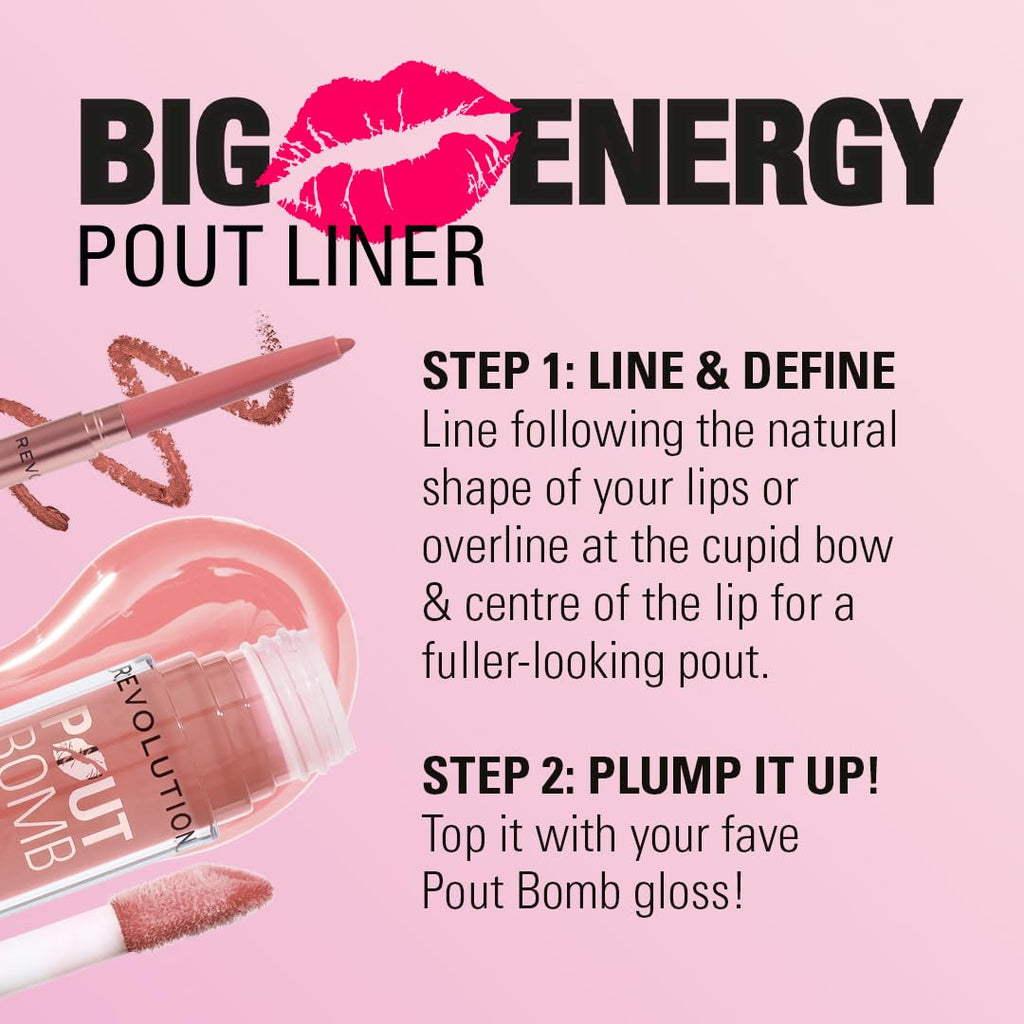 Revolution Beauty London, Pout Bomb Plumping Lip Liner, Long-Lasting Lip Shaper with Hyaluronic Acid & Vitamin E, Vegan & Cruelty-Free, Brown Nude