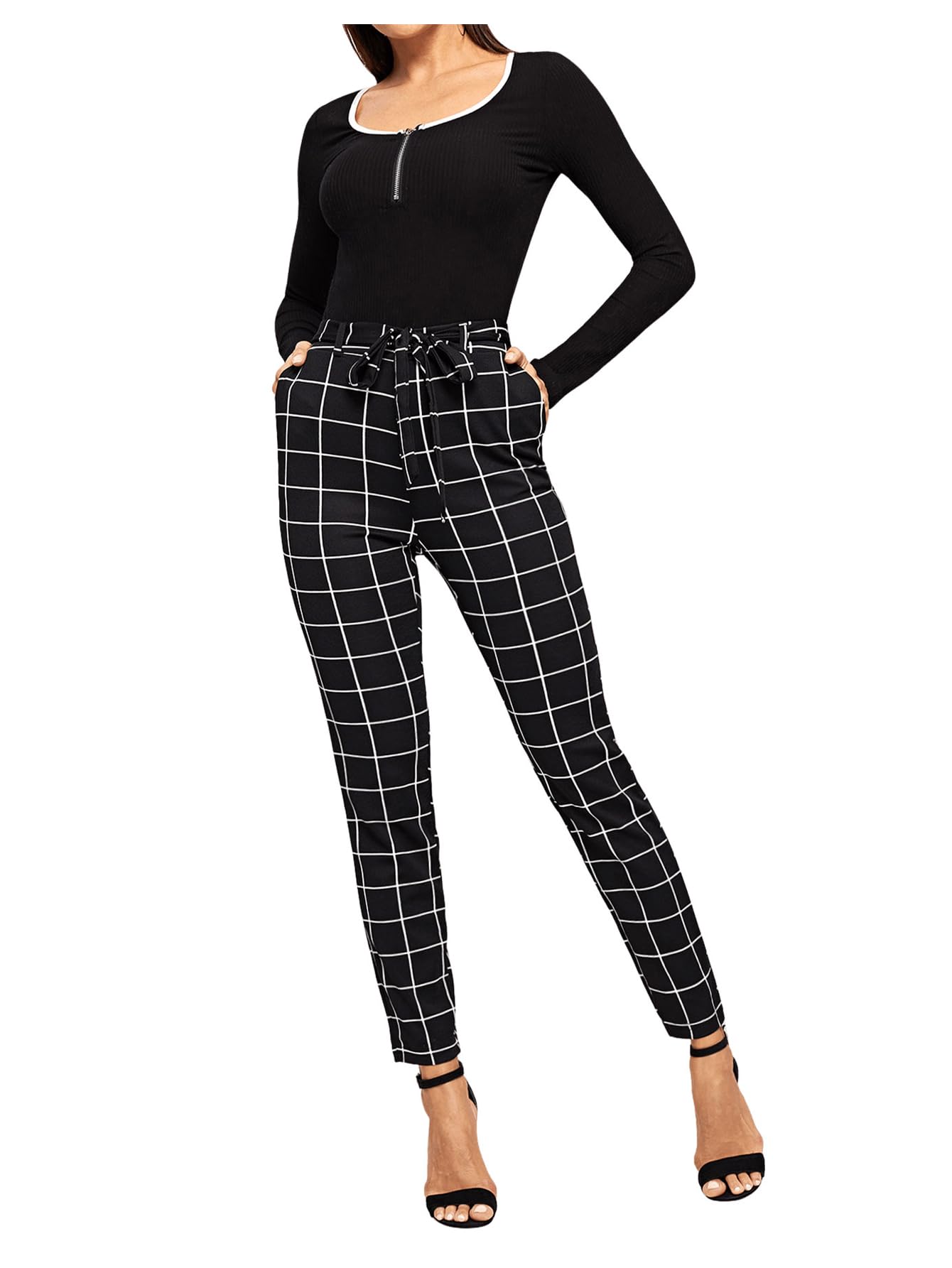 WDIRARA Women's Stretchy Plaid Print Pants Soft Skinny Regular Fashion Leggings Black XL