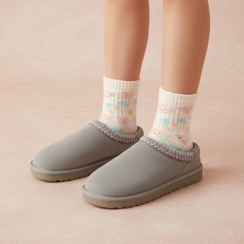 CUSHIONAIRE Keto Genuine Suede Leather Kids Slippers for Boys and Girls – Cozy Slip-On Mule House Shoes with Faux Fur Lining, Cushioned Memory Foam Comfort, GRAY/LAVENDER 3