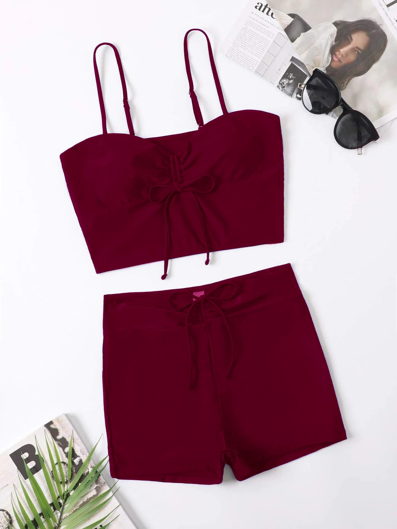 Lilosy Petite High Waisted Tummy Control Drawstring Bikini Set String Swimsuit Cami Top and Tie Side Shorts 2 Piece Women Bathing Suit Burgundy Red X-Small