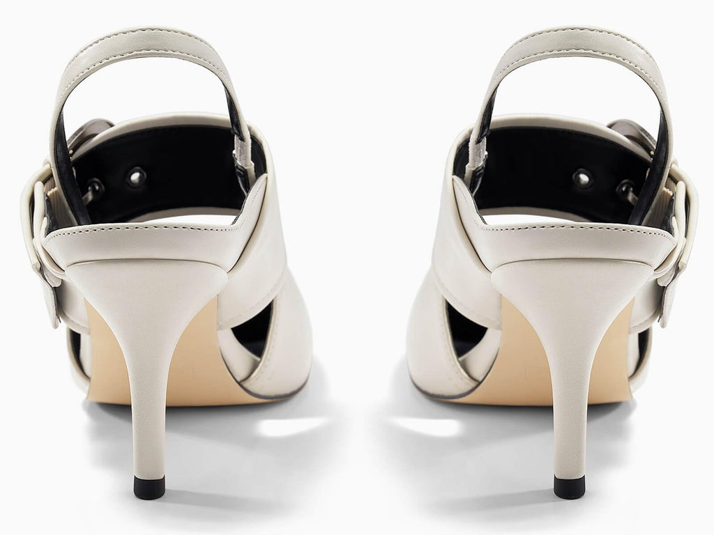 Coutgo Womens Slingback Pumps Closed Pointed Toe High Heels Belt Buckle Strap Dressy Work Shoes, Beige, Size 8.5