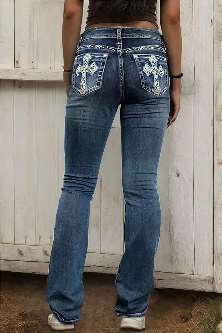 Flamingals Embroidered Bootcut Jeans for Women Mid Rise Stretchy Criss Cross Graphic Curvy Bell Bottom Jeans Navy Blue M