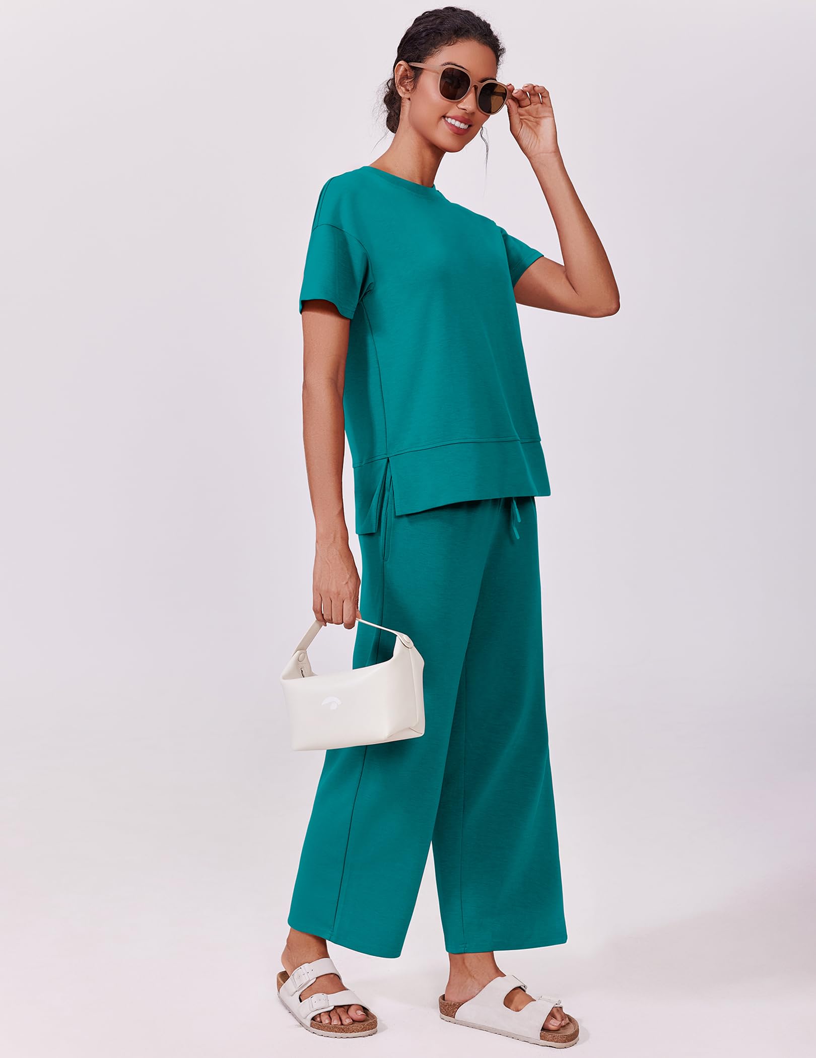 PINSPARK Matching Sets Short Sleeve Soft Lounge Sets for Women Soft Crewneck Sweatsuit with 2 Pockets Summer 2025 Womens Fashion,Teal X-Large