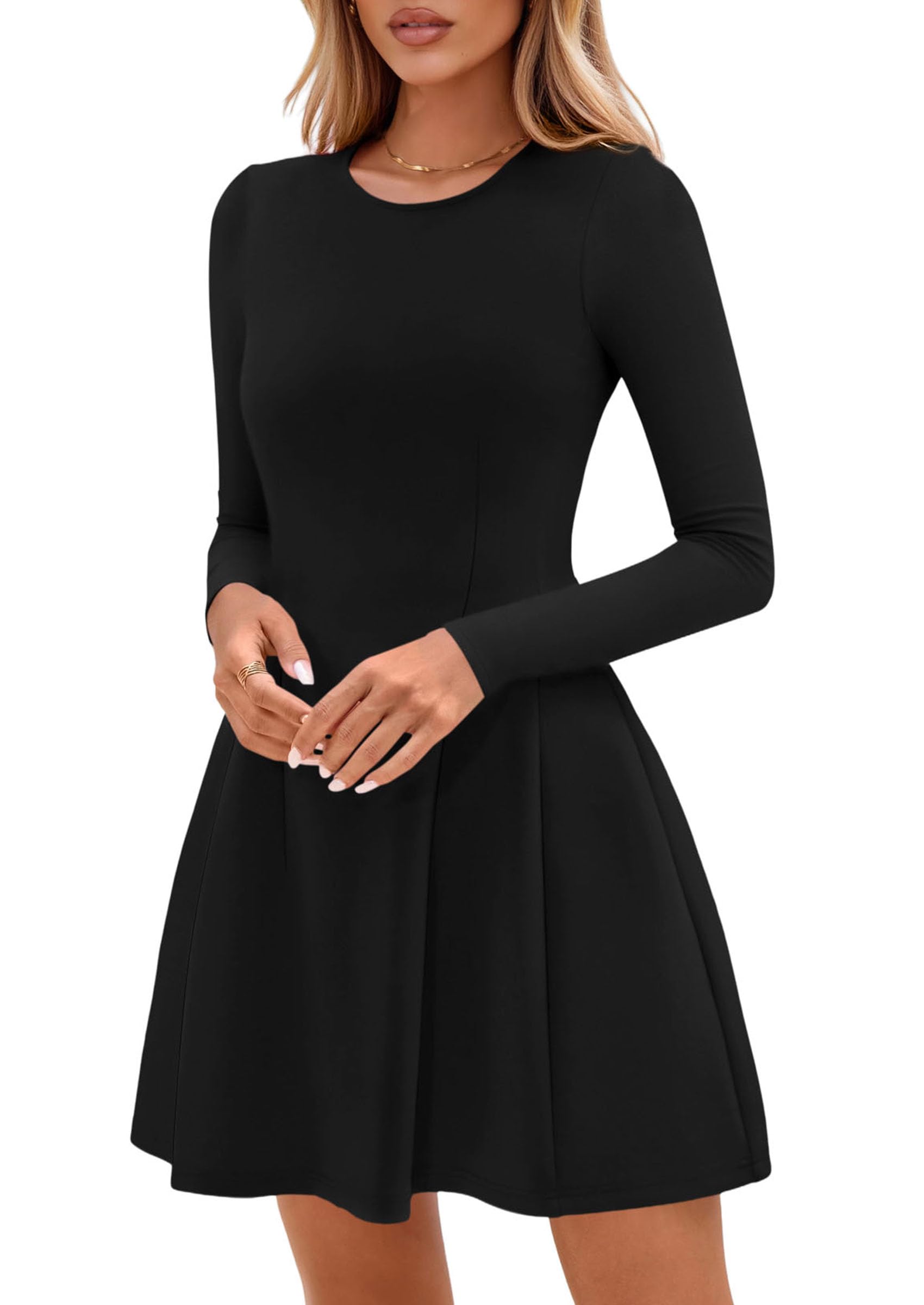 PRETTYGARDEN Long Sleeve Mini Dress for Women 2026 Spring Crewneck Knit Pleated Babydoll A Line Casual Short Party Dresses (Black,Large)
