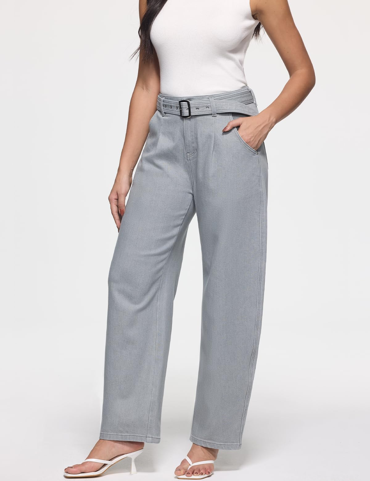 ZPIUO Barrel Jeans for Women - High Waisted Baggy Wide Leg Stretchy Denim Pants with Detachable Belt - Grey Size 8