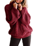 Womens Chunky Turtleneck Sweaters Plus Size Long Sleeve Cable Knit Casual Loose Jumper Tops Burgundy