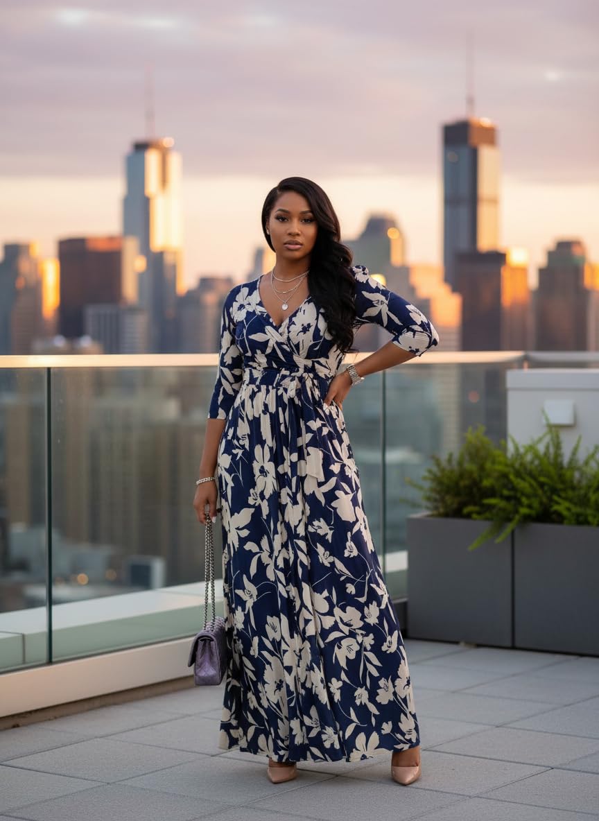 Yajedo Women's Maxi Dress 3/4 Sleeves V Neck Cocktail Party Belted Wrap Sundress Floral Print 3/4 Sleeve Long Maxi Dresses
