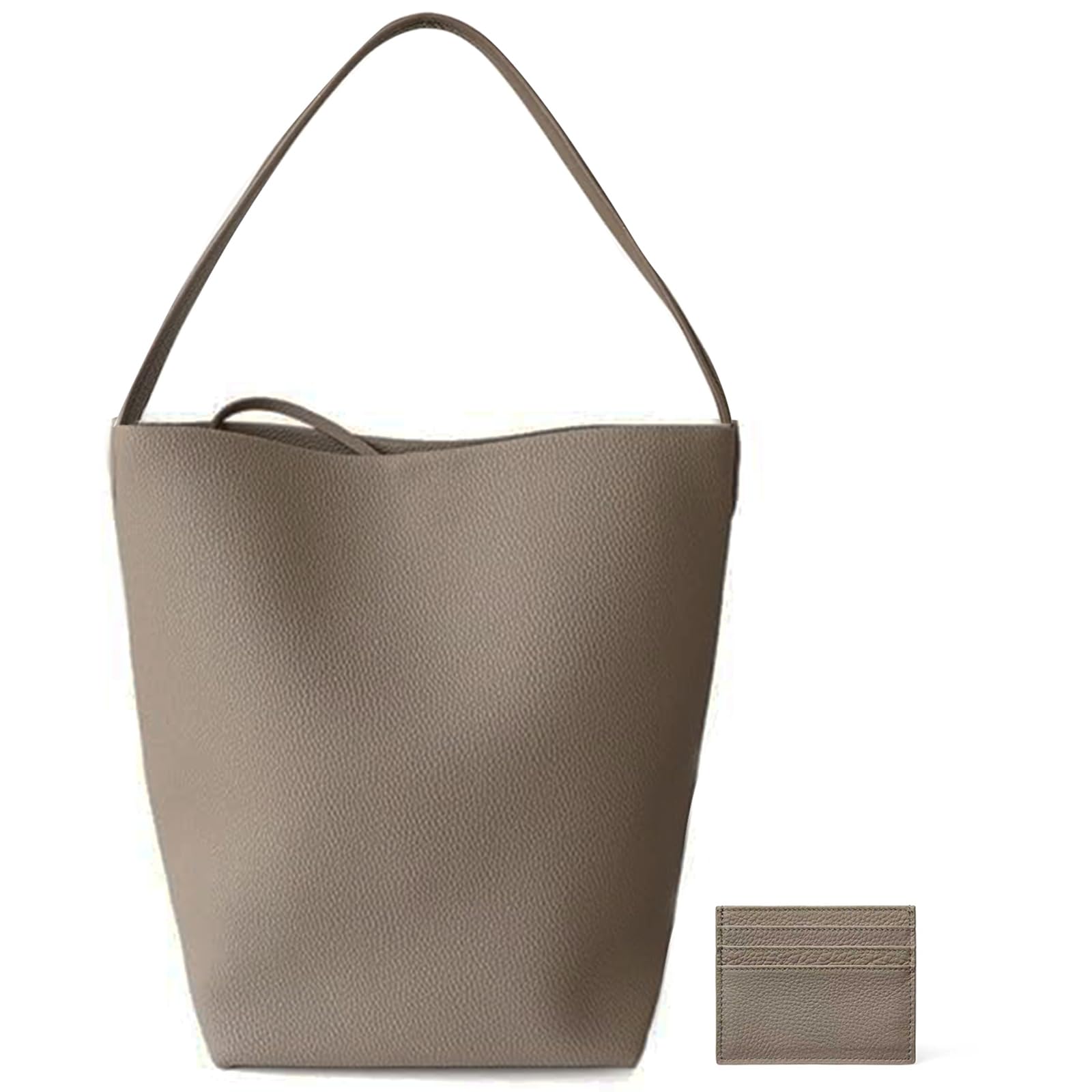 Genuine Leather Bucket Bag with Credit Card Holder Wallet, First Layer Pebble-grained Calfskin Tote Bag, Leather Handbag with Cotton Insert Pocket (Gray, Medium)