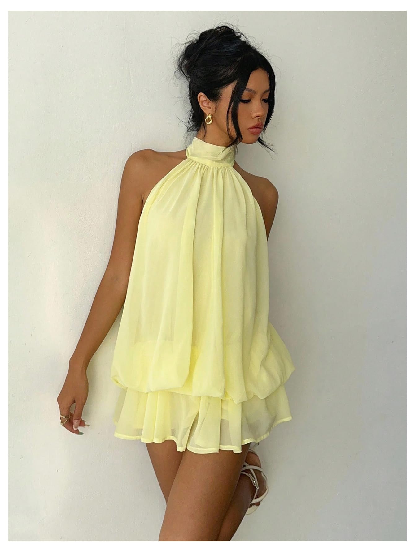 Verdusa Women's Chiffon Halter Drop Waist Wedding Guest Dresses Ruffle Summer Mini Dress Brunch Outfits Butter Yellow X-Small