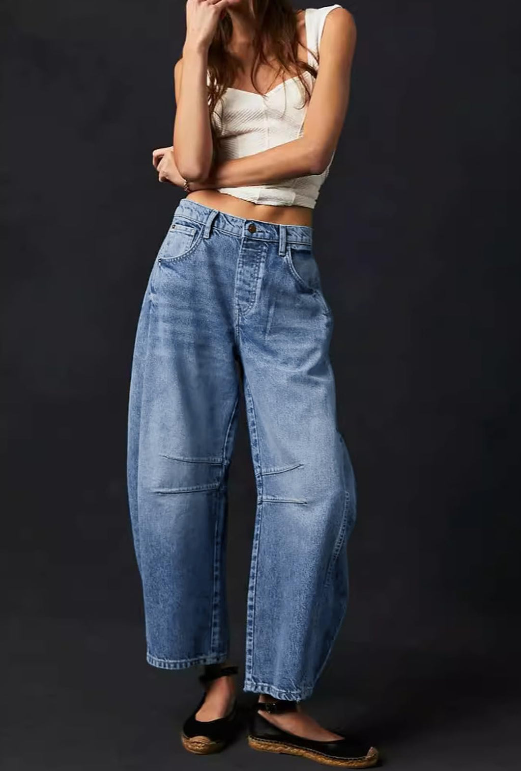Womens Stretchy Mid Rise Barrel Jeans Vintage Loose Wide Leg Cropped Denim Pants Y2k Baggy Boyfriend Jeans (Large,Blue)