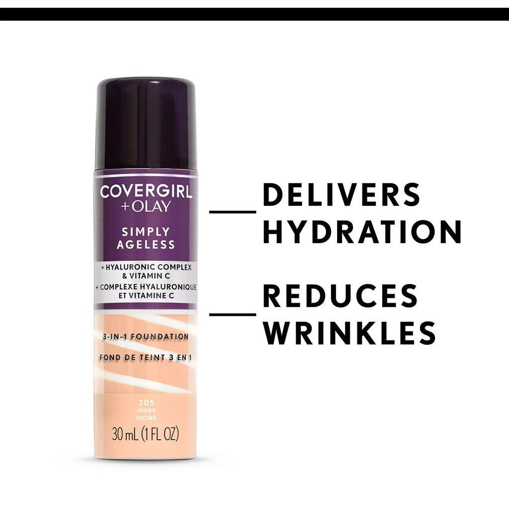 COVERGIRL & Olay Simply Ageless 3-in-1 Liquid Foundation, Matte Finish, Hyaluronic & Vitamin C Formula, 227 Golden Beige, 1 Count