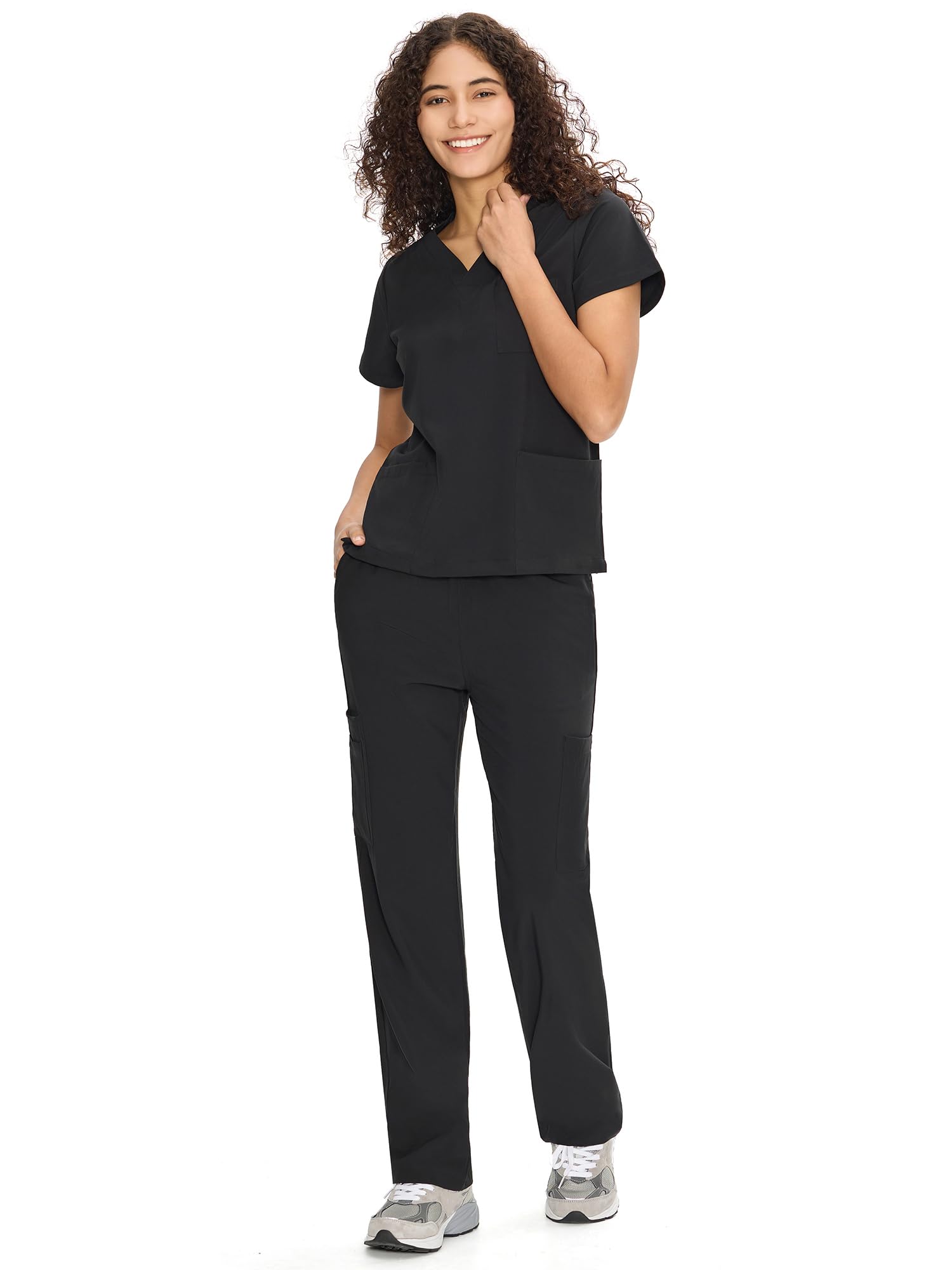 COZYFIT Scrubs for Women Set Medical Uniform - V-Neck Top & Straight Leg Pants with 9 Pockets, Unisex Workwear COZY SCRUBS, Black, M