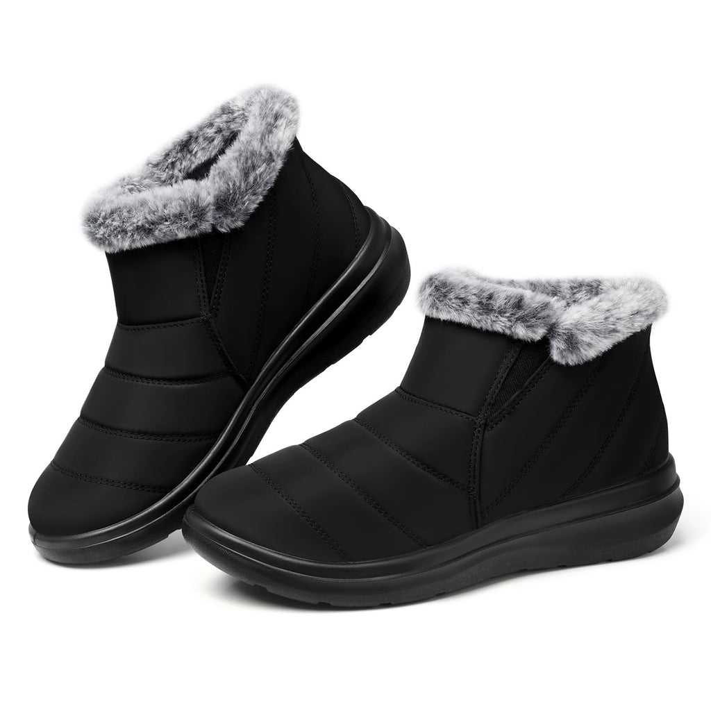 SHIBEVER Winter Waterproof Boots for Women: Snow Women Ankle Black Fur Lined Shoes Size 8 Slip On Warm Insulated Boot