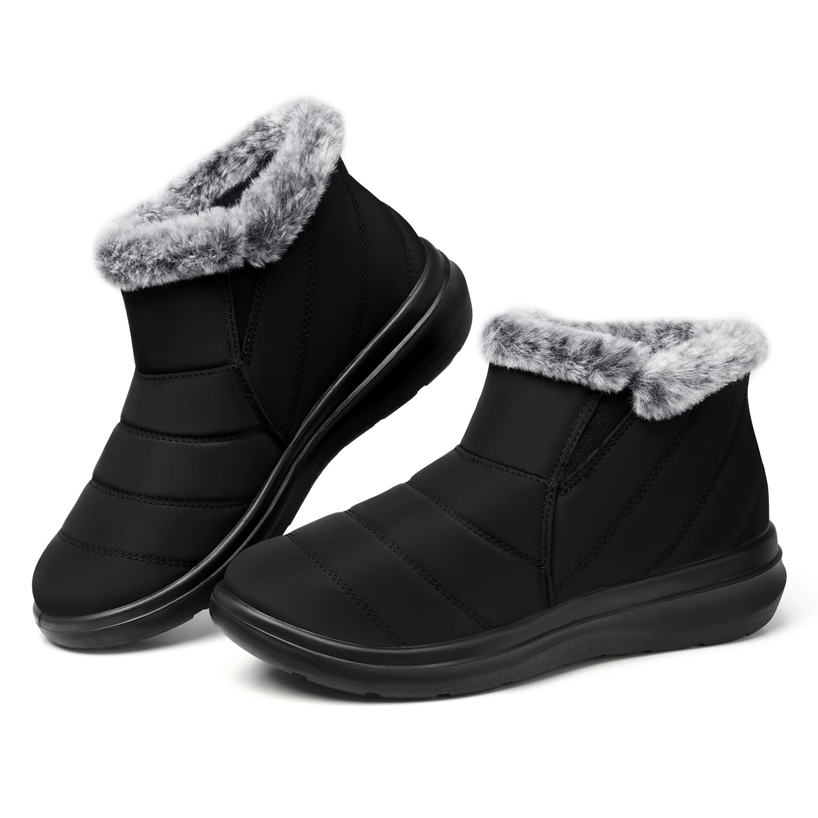 SHIBEVER Winter Waterproof Boots for Women: Snow Women Ankle Black Fur Lined Shoes Size 8 Slip On Warm Insulated Boot