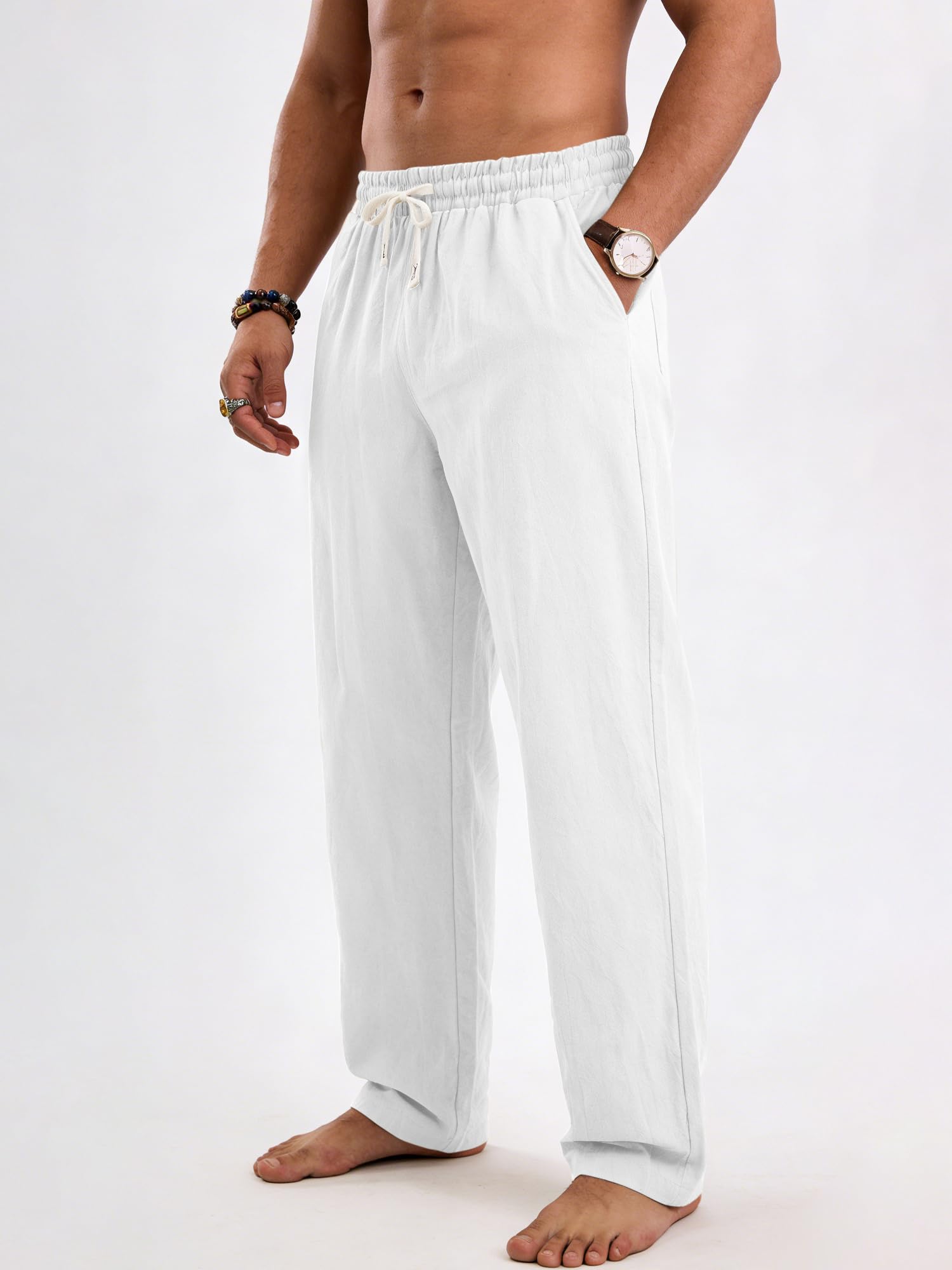 TRFIC Men's Linen Pants Casual Beach Summer Pant Elastic Waist Drawstring Lightweight Trousers