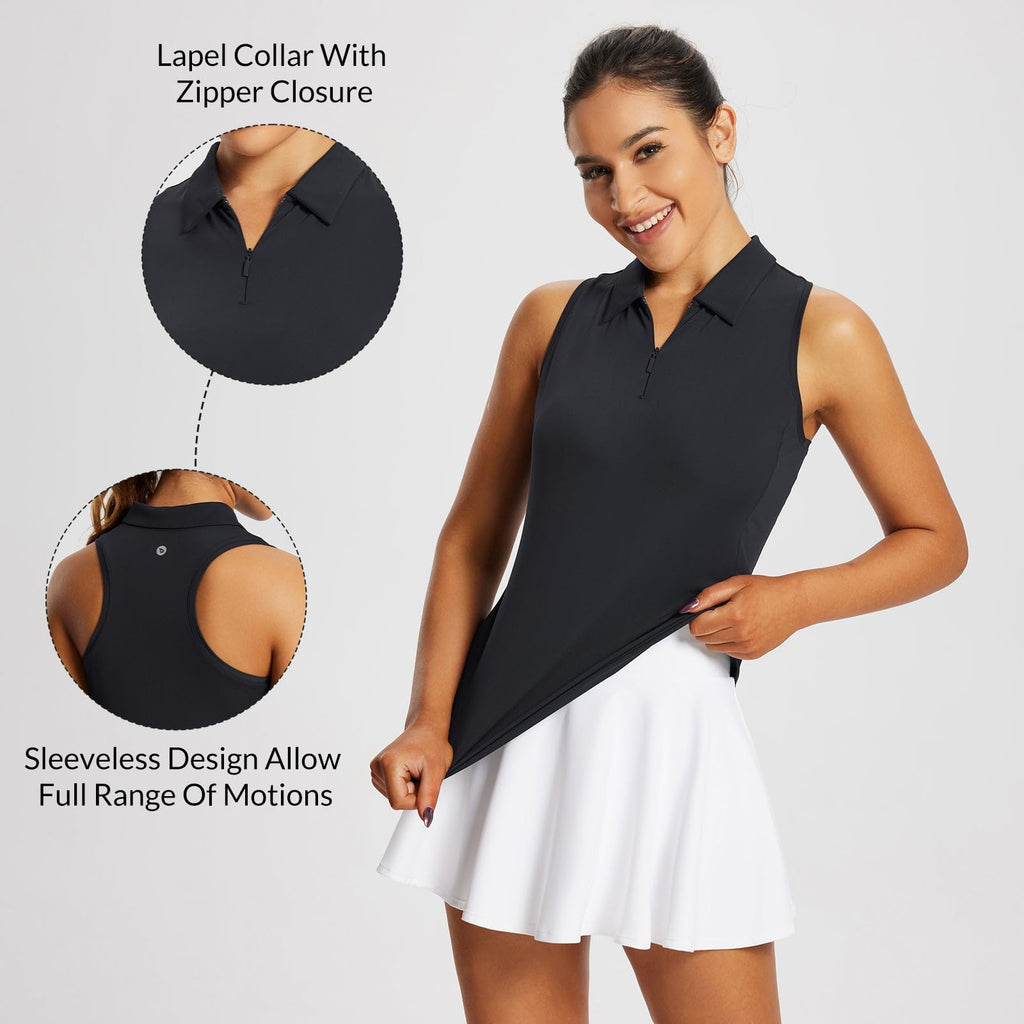 baleaf Women's Golf Shirts Sleeveless Polo with Zipper Collar Black-M