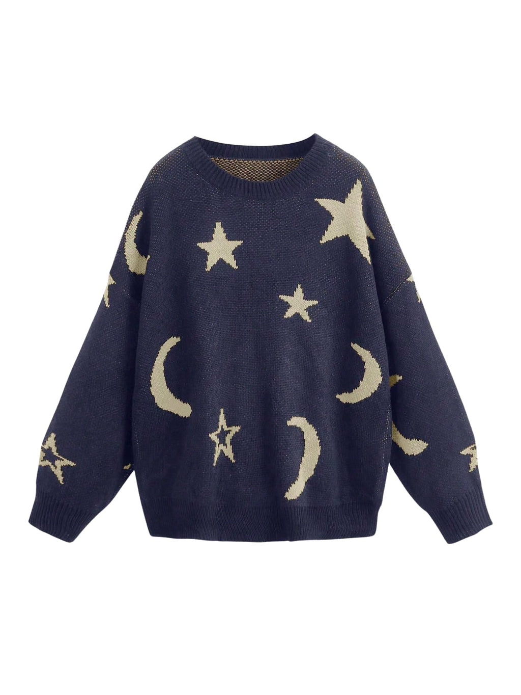 WDIRARA Women's Star Moon Print Long Sleeve Sweater Round Neck Knitted Pullovers Top Deep Blue X-Large