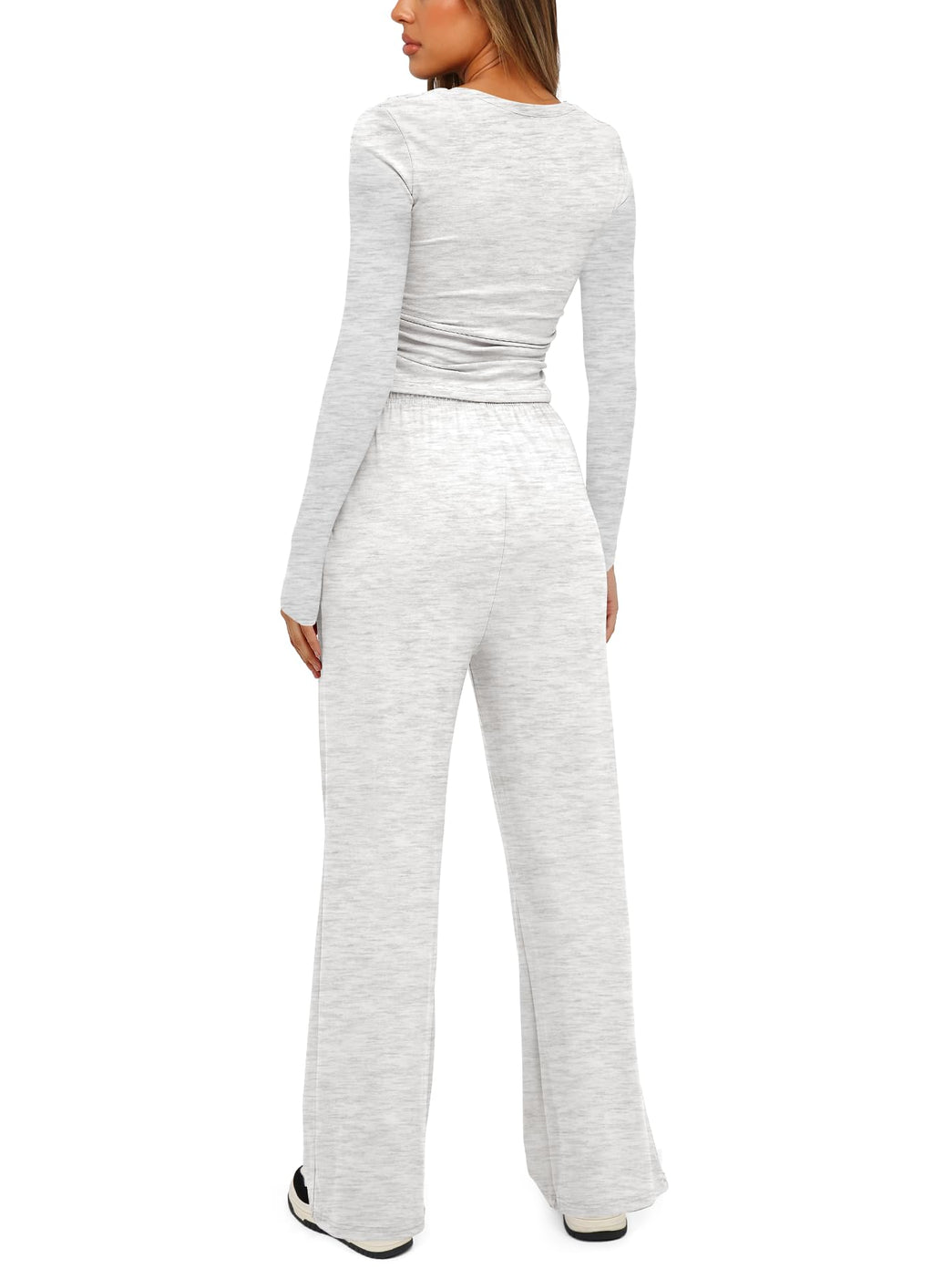 Darong Women's 2 Piece Lounge Sets Long Sleeve Tops Wide Leg Pants Casual Outfits Pajama Set Fall Collection 9065A White Grey M