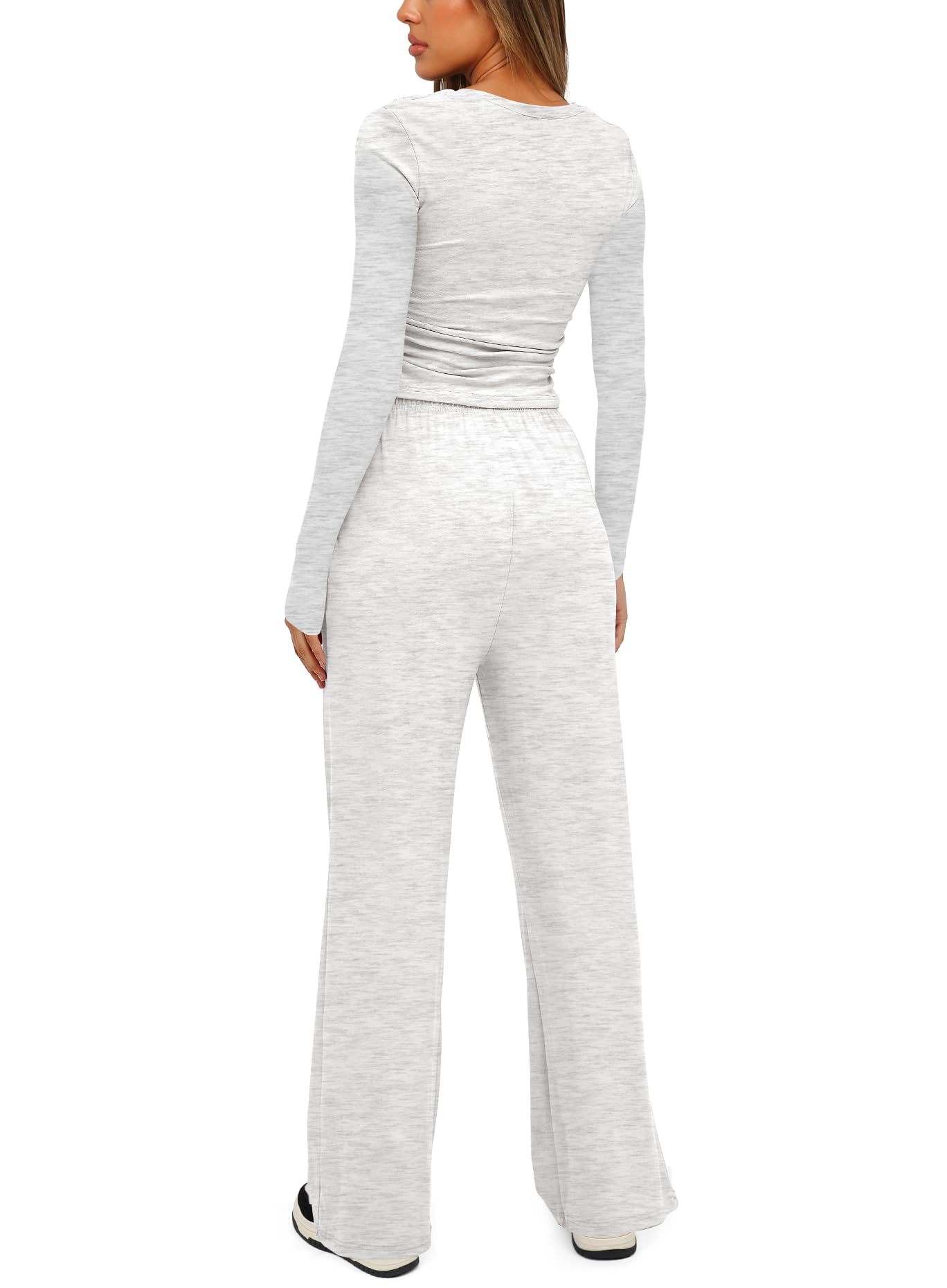 Darong Women's 2 Piece Lounge Sets Long Sleeve Tops Wide Leg Pants Casual Outfits Pajama Set Fall Collection 9065A White Grey M