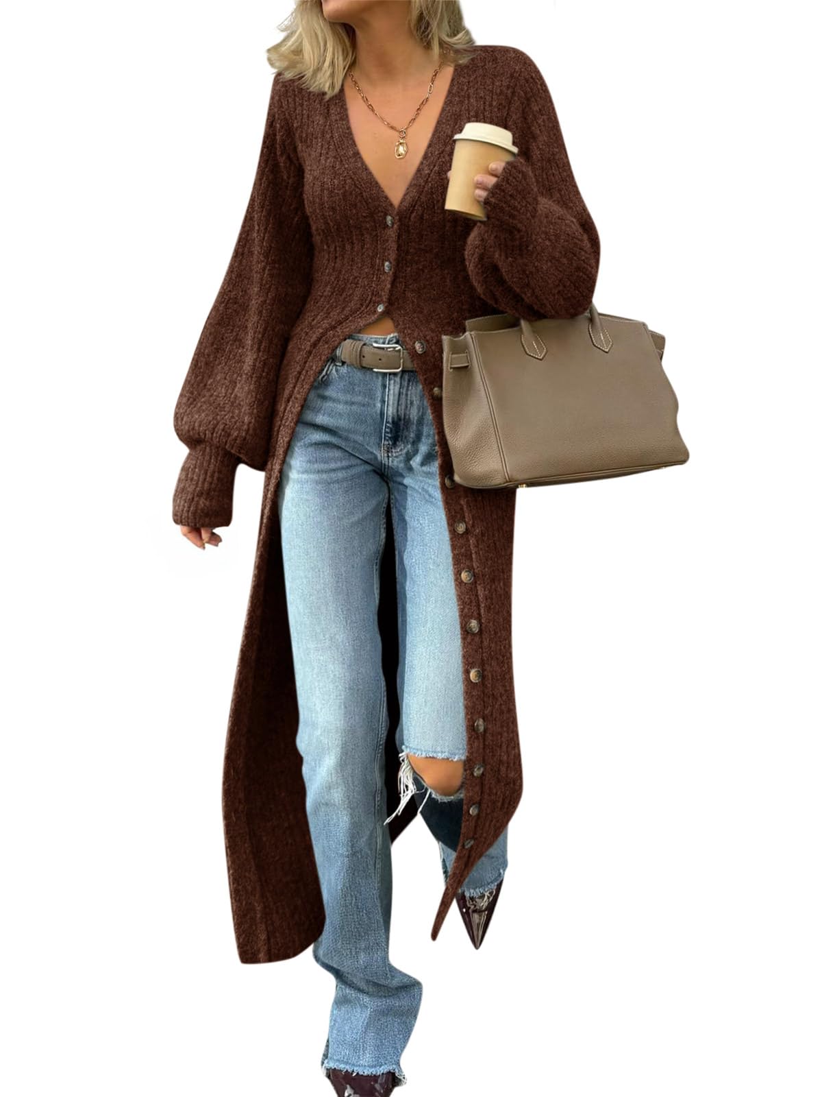 Saodimallsu Womens Long Cardigans V Neck Button Down Chunky Knit Dusters Sweater Coat Fall Trendy Maxi Sweater Dress Brown