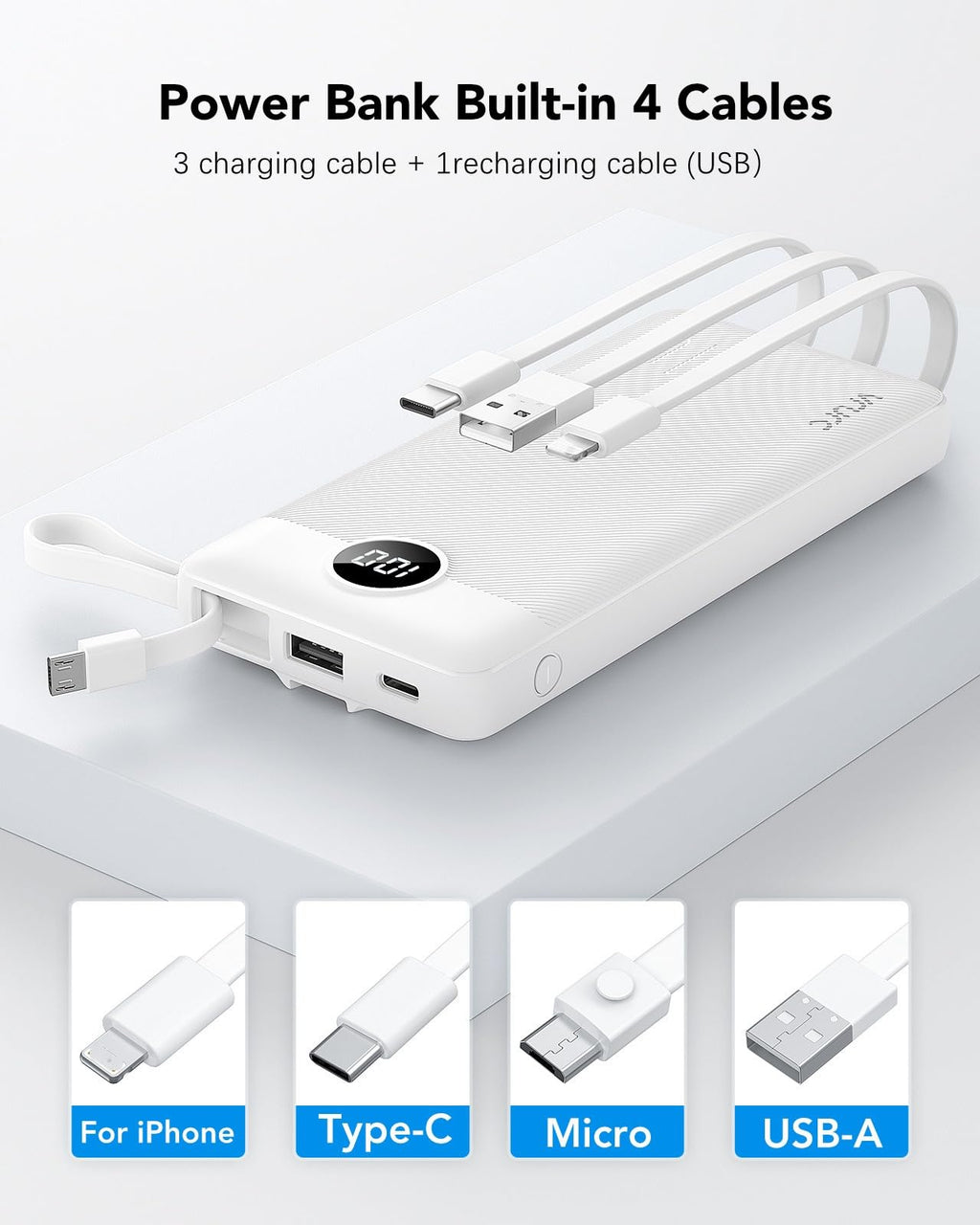 VRURC Portable Charger Built in Cables, Slim Power Bank 10000mAh, Multi Devices Charging Bank with Lanyard, USB C Battery Pack 5 Outputs for iPhone 17 Pro 17 16 15 14 13, Samsung Phones-White(1 Pack)