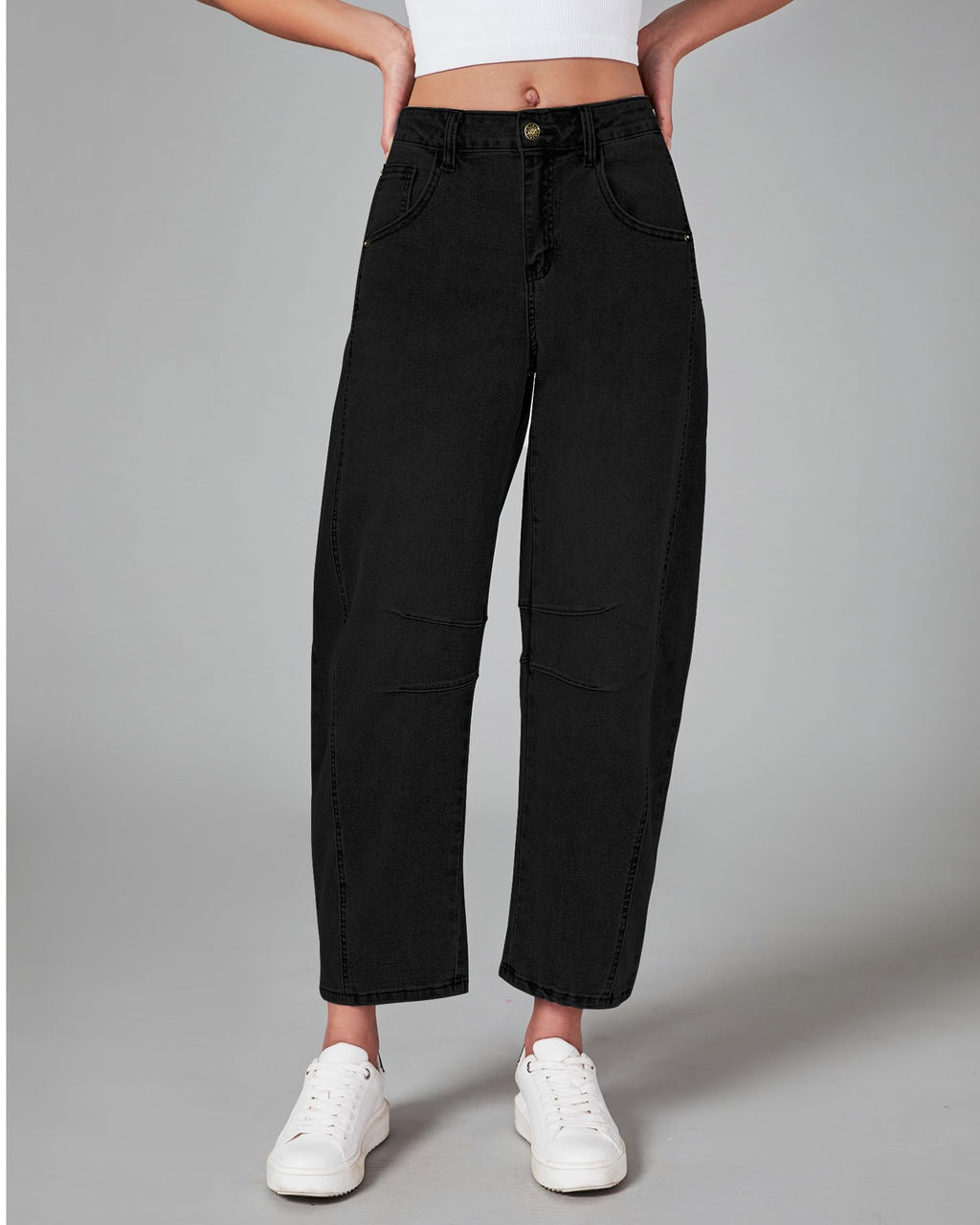 GRAPENT Barrel Jeans for Women Balloon Wide Leg Cropped Trendy Jeans Boyfriend High Waisted Jean Pants Casual Stretchy Summer Denim Trousers Color True Black X-Large Plus Size 16 to 18