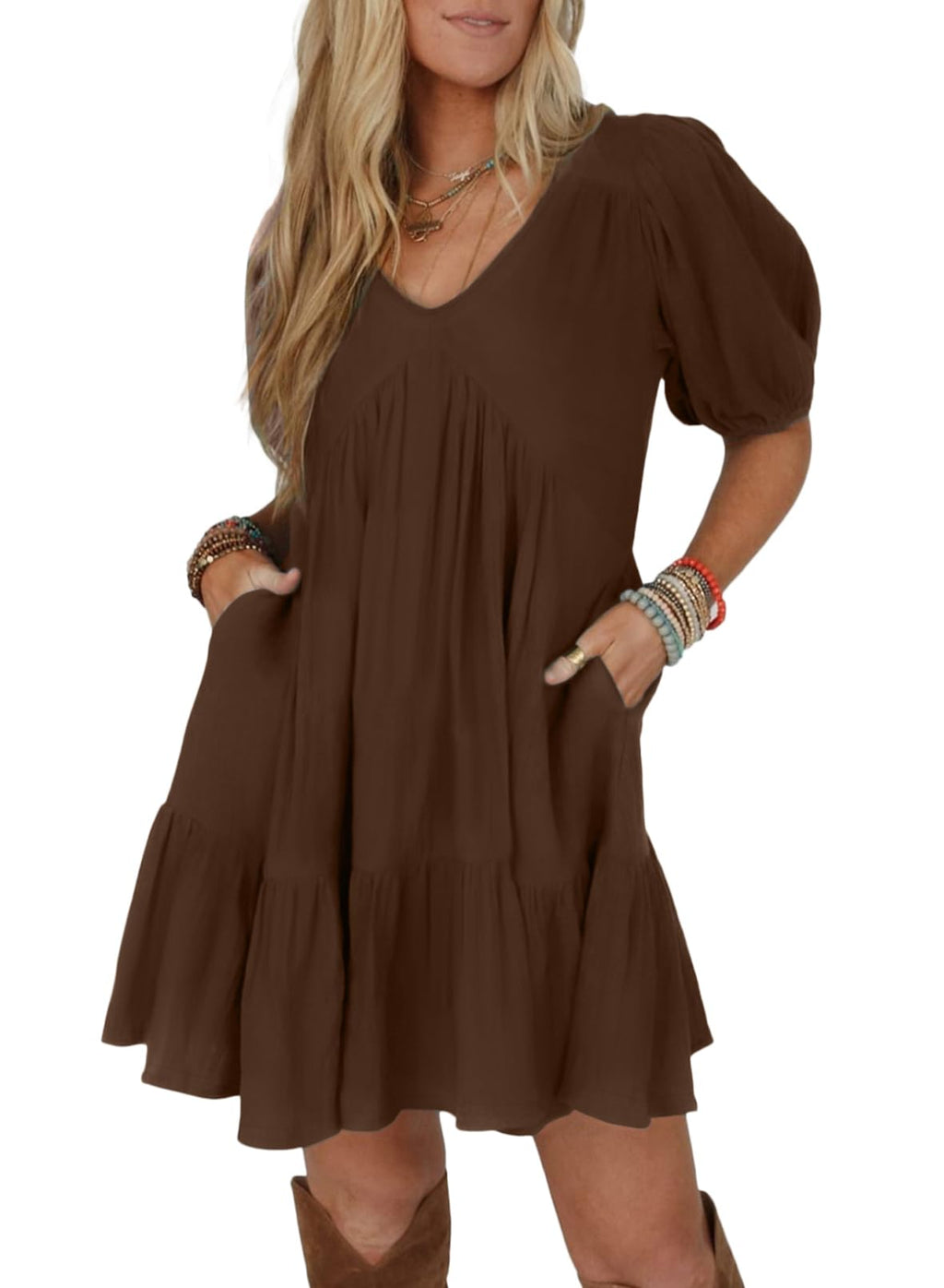 Acelitt Women's Summer Dresses 2026 Beach Casual Deep V Neck Loose Sundress Short Sleeve Mini Dress with Pockets Chicory Coffee Small