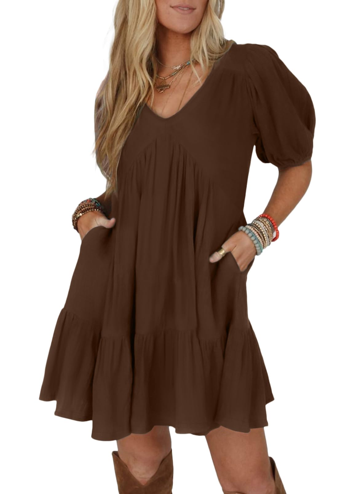 Acelitt Women's Summer Dresses 2026 Beach Casual Deep V Neck Loose Sundress Short Sleeve Mini Dress with Pockets Chicory Coffee Small