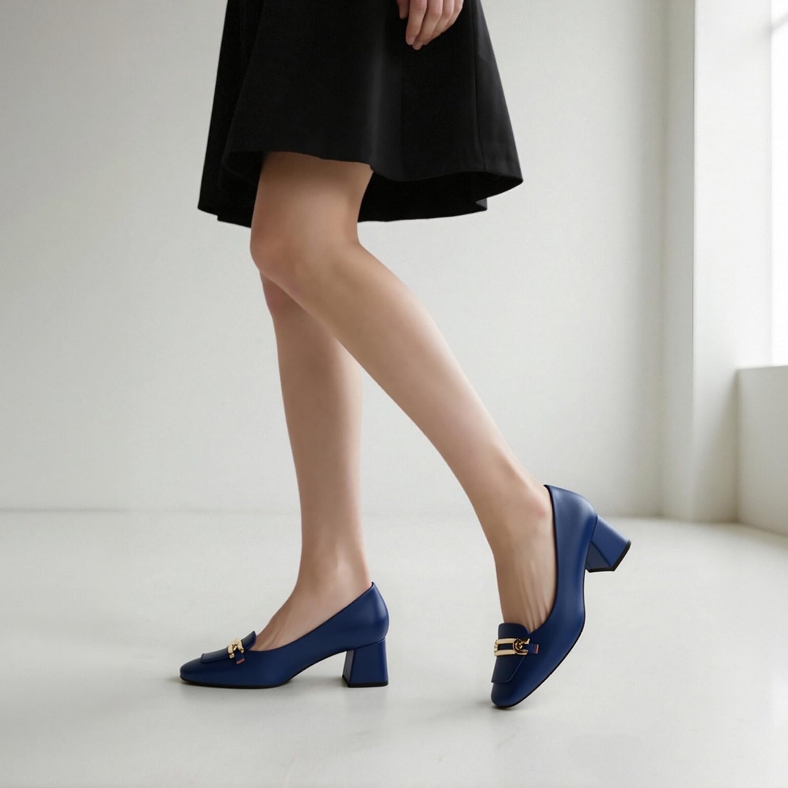 CDXJHYMY Women's Pumps Low Chunky Block Heel Square Toe Slip On Comfortable Dress Shoes for Work Office Casual Navy Blue Matte Size 7.5