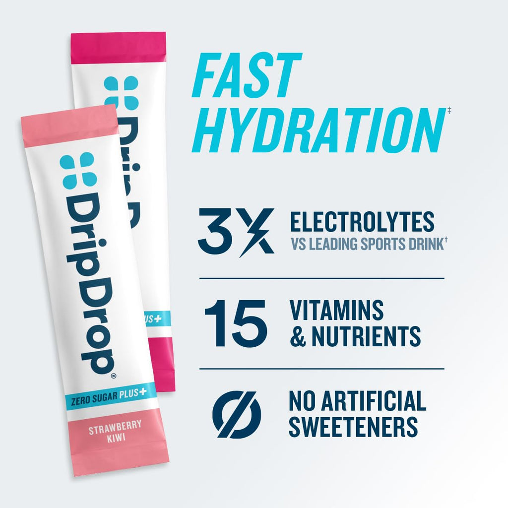DripDrop Zero Sugar Plus - Sugar Free Hydration Packets - Single Serve Electrolytes Powder Drink Mix - Strawberry Kiwi, Peach, Cherry Limeade, Wild Berry - Non-GMO, Gluten Free, Vegan - 8 Sticks