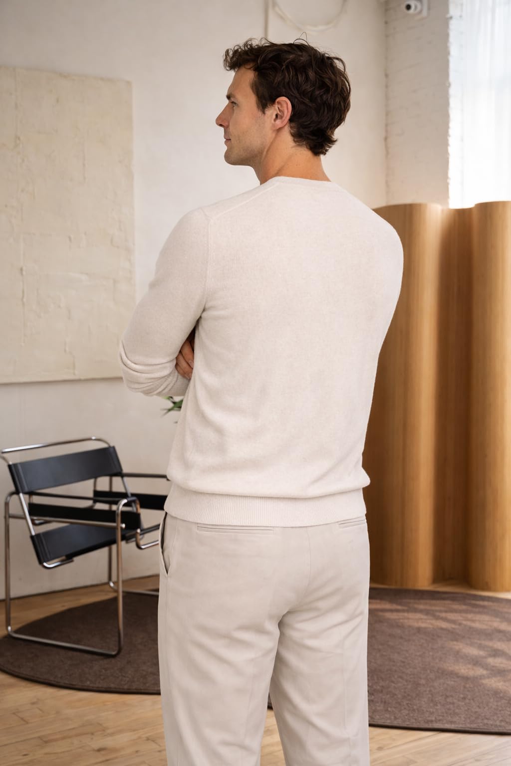State Cashmere Essential Crewneck Sweater - Long Sleeve Pullover for Men Made with 100% Pure Cashmere Sourced from Inner Mongolia Goats - Soft, Lightweight & Versatile - (Undyed White, Large)