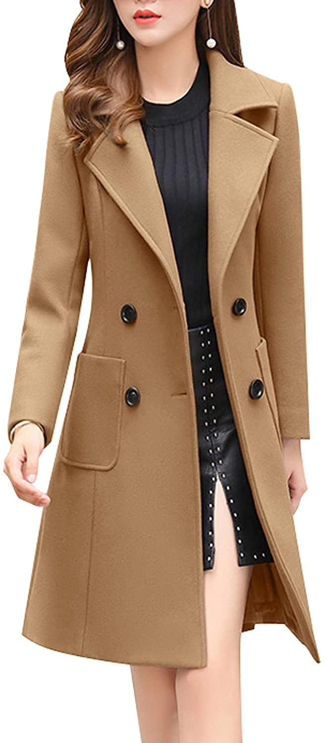 chouyatou Women Elegant Notched Collar Double Breasted Wool Blend Over Coat (Medium, Camel)