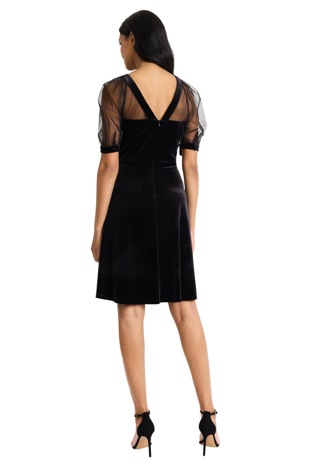 Maggy London - Elegant Black Velvet Illusion Neck Fit & Flare Dress for Wedding Guest & Cocktail Party - 0