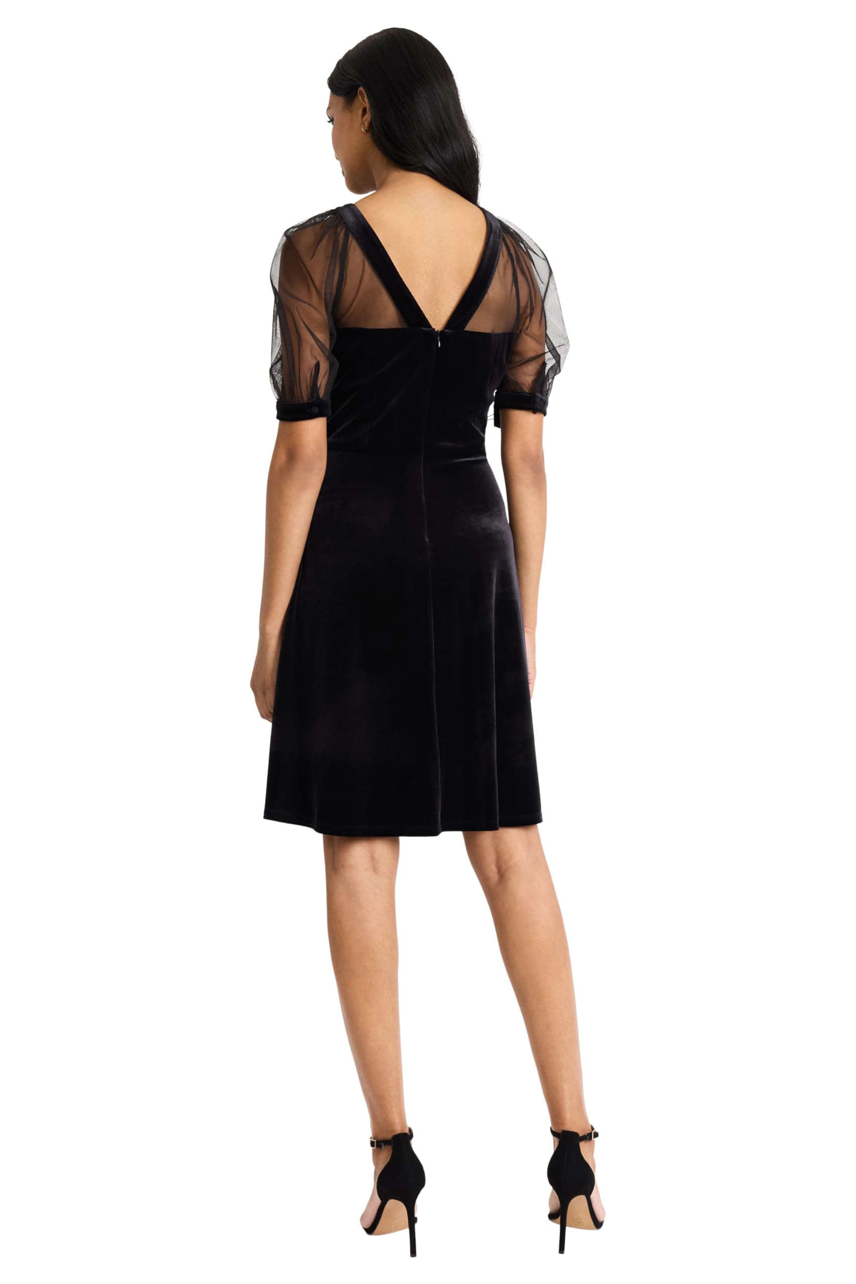 Maggy London - Elegant Black Velvet Illusion Neck Fit & Flare Dress for Wedding Guest & Cocktail Party - 0