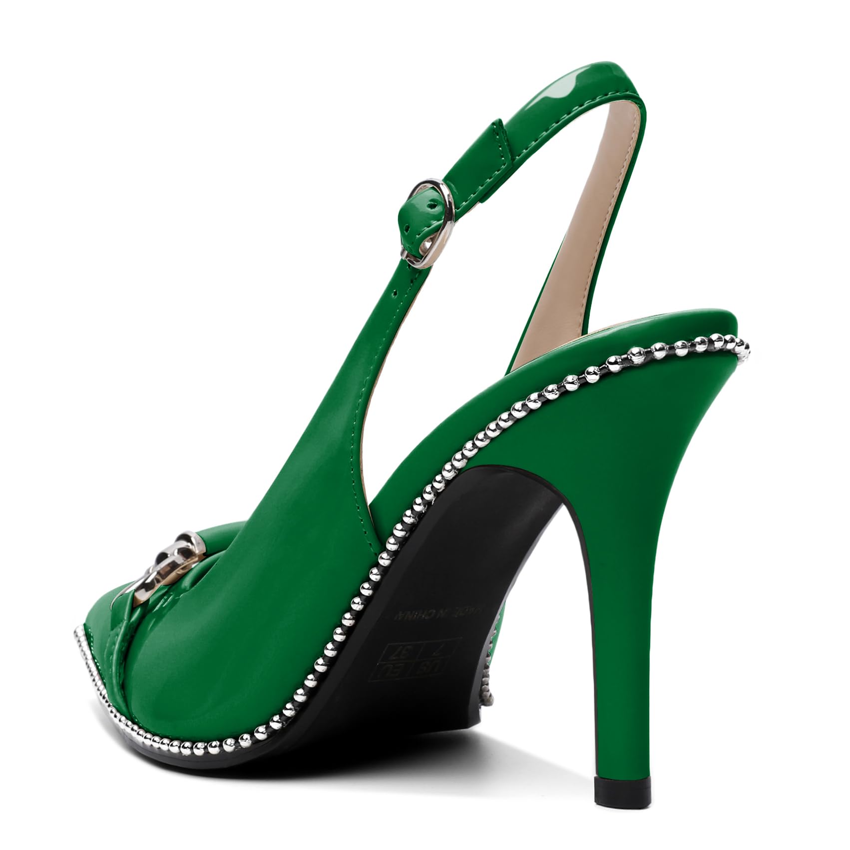AUMOTED Women Green Slingback Stiletto High Heels Pointed Toe Beaded High Heel Pumps Heel Dress Shoes for Wedding Patent Green Shoes US Size 7.5