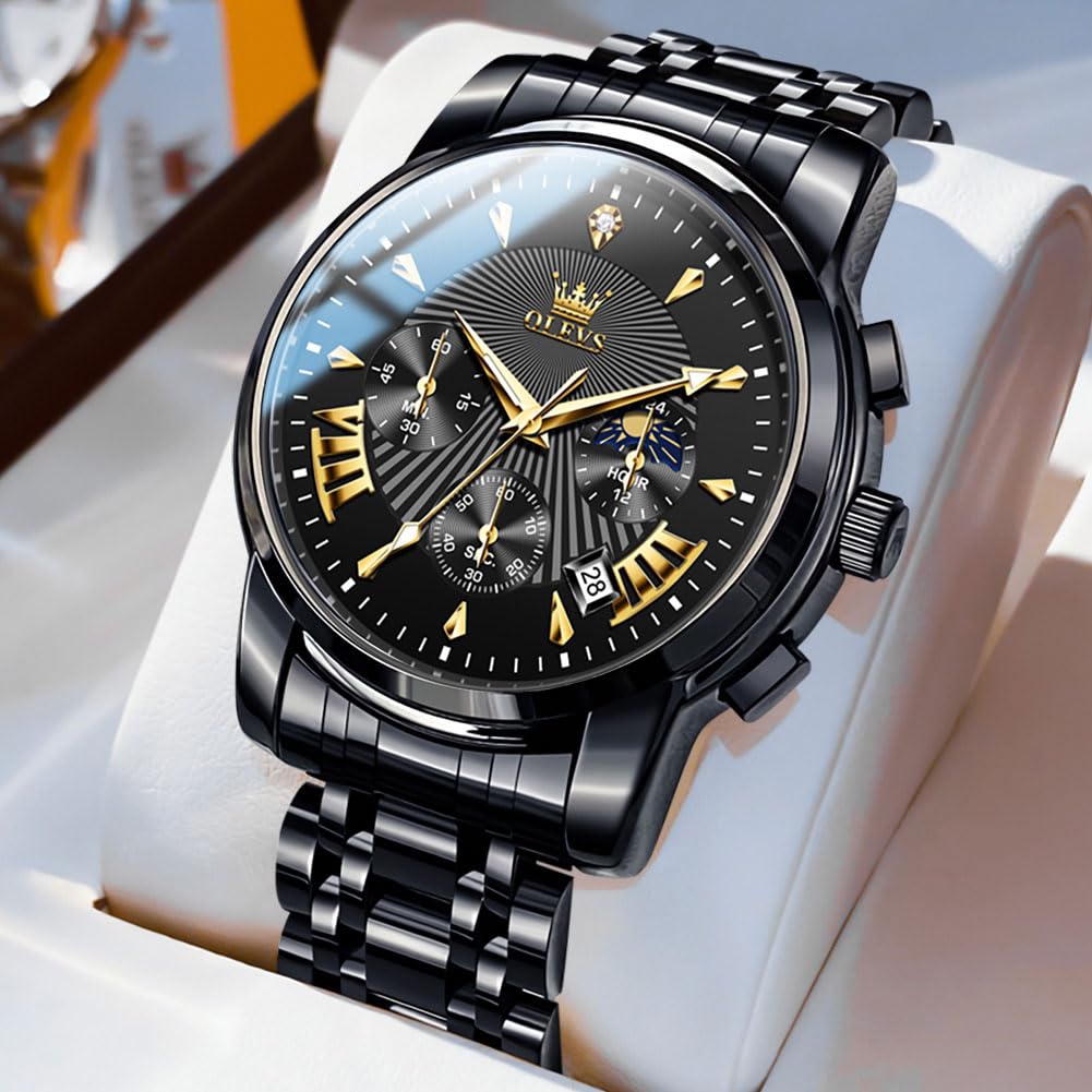 OLEVS Watch Men Black Watches for Men Chronograph Stainless Steel Mens Watches Big Face Classic Luxury Men's Wrist Watch with Date Luminous Waterproof Dress Analog Quartz Relojes para Hombres