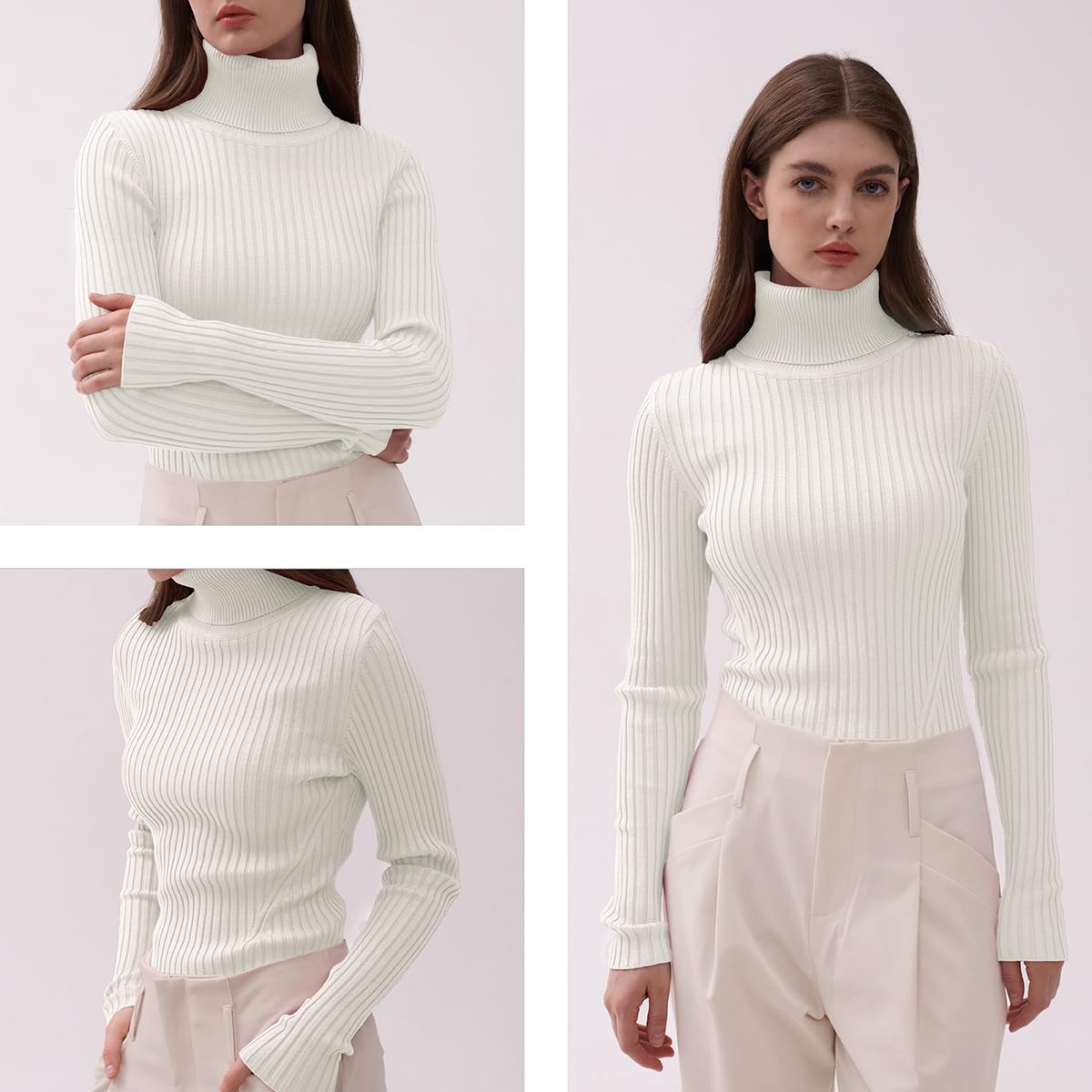 v28 Women Stretchable Turtleneck Knit Long Sleeve Slim Fit Sweater (M,White)