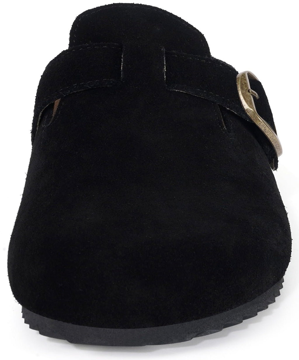 Genuine Suede Leather Clogs for Womens Mens Slip on Mules Antislip Cork Sandals with Arch Support Black