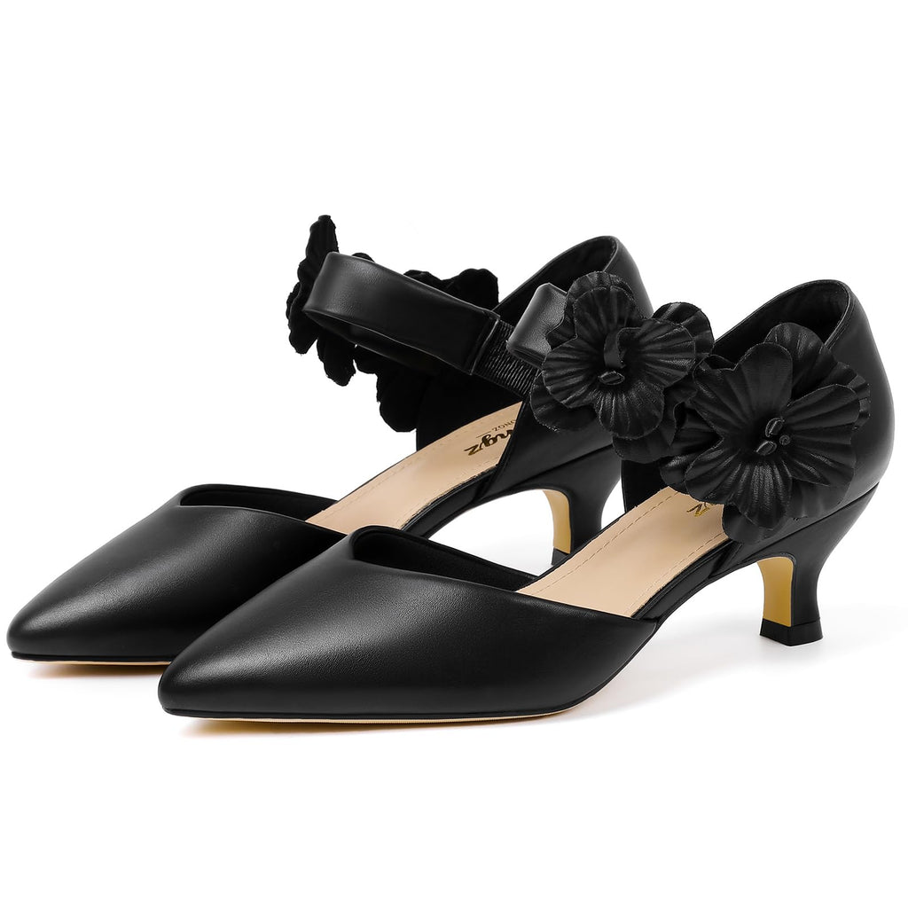 RIBONGZ Black Kitten Heels for Women Low Closed Toe Dressy Pumps Comfortable Slip On Flower Dress Shoes for Wedding Dancing Party Office Work Size 6