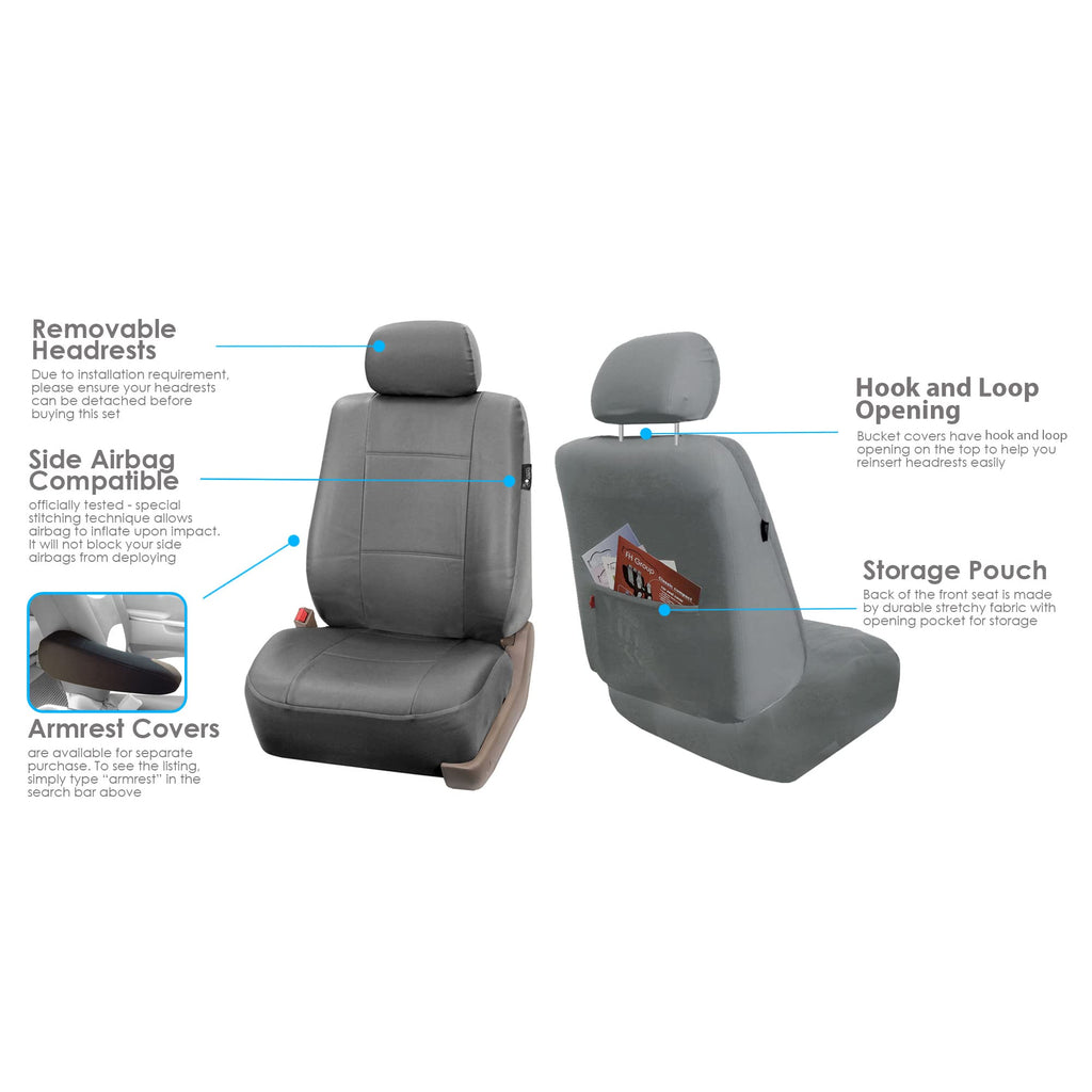 FH Group Classic PU Leather Pair Set Car Seat Covers, Airbag Compatible with Gift - Universal Fit for Cars Trucks & SUVs (Solid Gray) PU002102