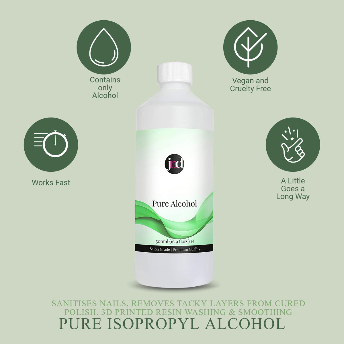100% Pure Alcohol Prep & Wipe Cleanser Nail Gel Polish Residue Remover (500ml)
