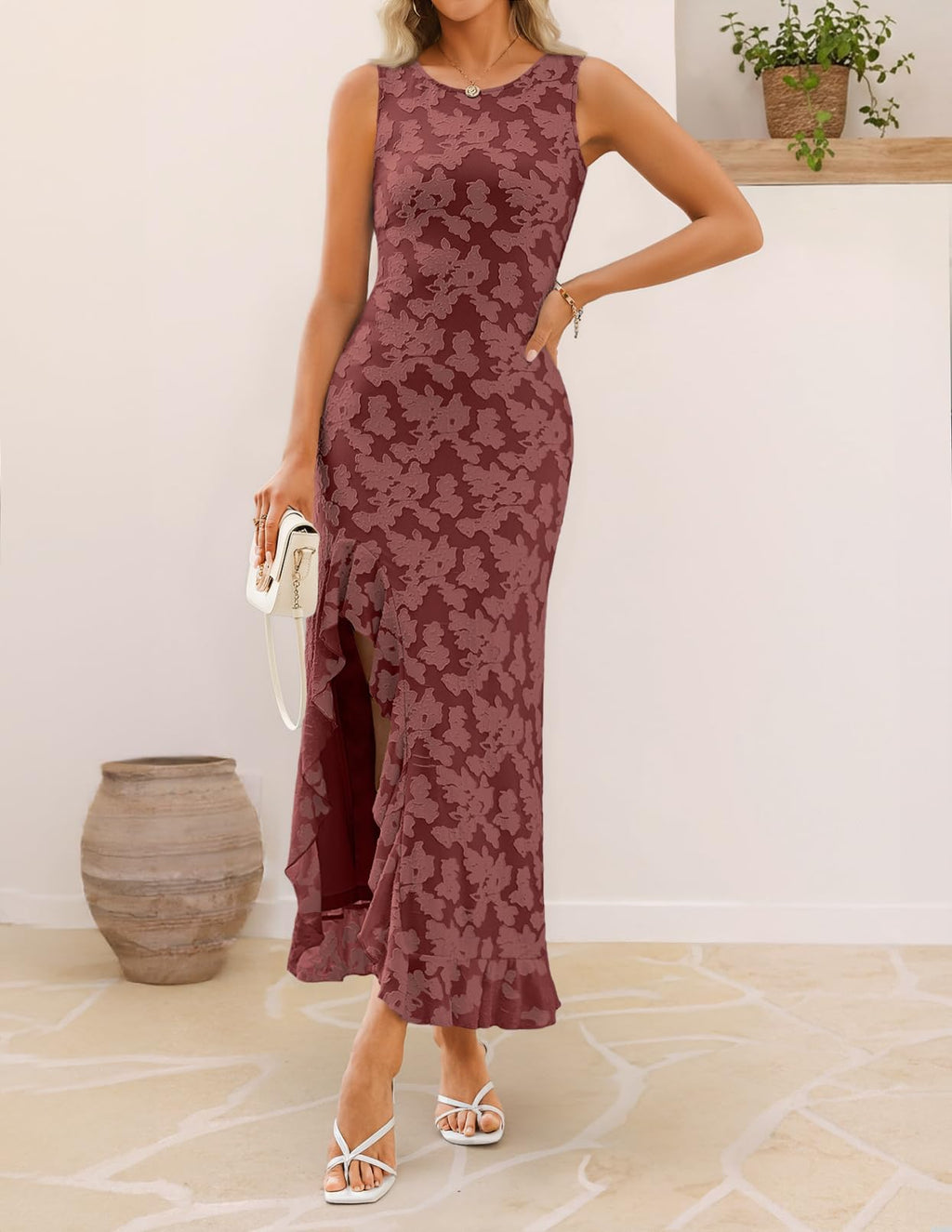 MEROKEETY Women's Summer Floral Ruffle Maxi Dress High Slit Sleeveless Bodycon Formal Cocktail Wedding Guest Prom Dresses, WineRed, Medium