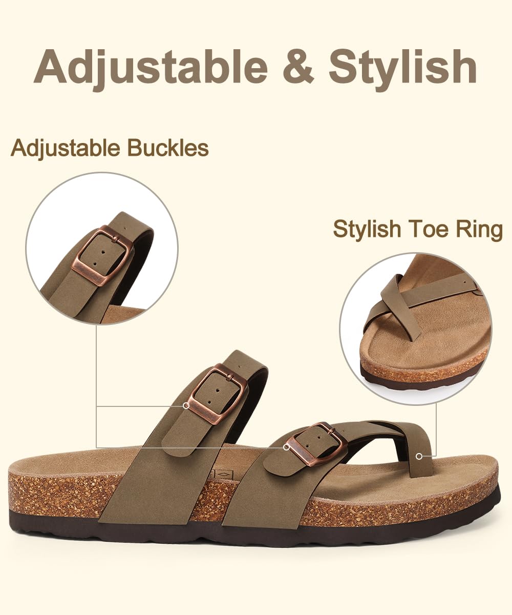KIDMI Women's Cork Footbed Sandals with Toe Loop, Comfortable Summer Slip-On Slides with Adjustable Buckle, Brown 39