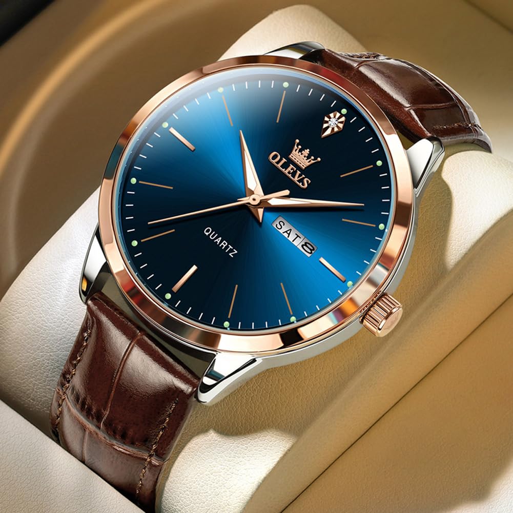OLEVS Dress Watches Mens Brown Leather Band Waterproof Casual Large Blue Dial Watch for Men Original Classic Stainless Steel Case Luxury Analog Simple Watch Men Classy Fashion Business Watch for Men